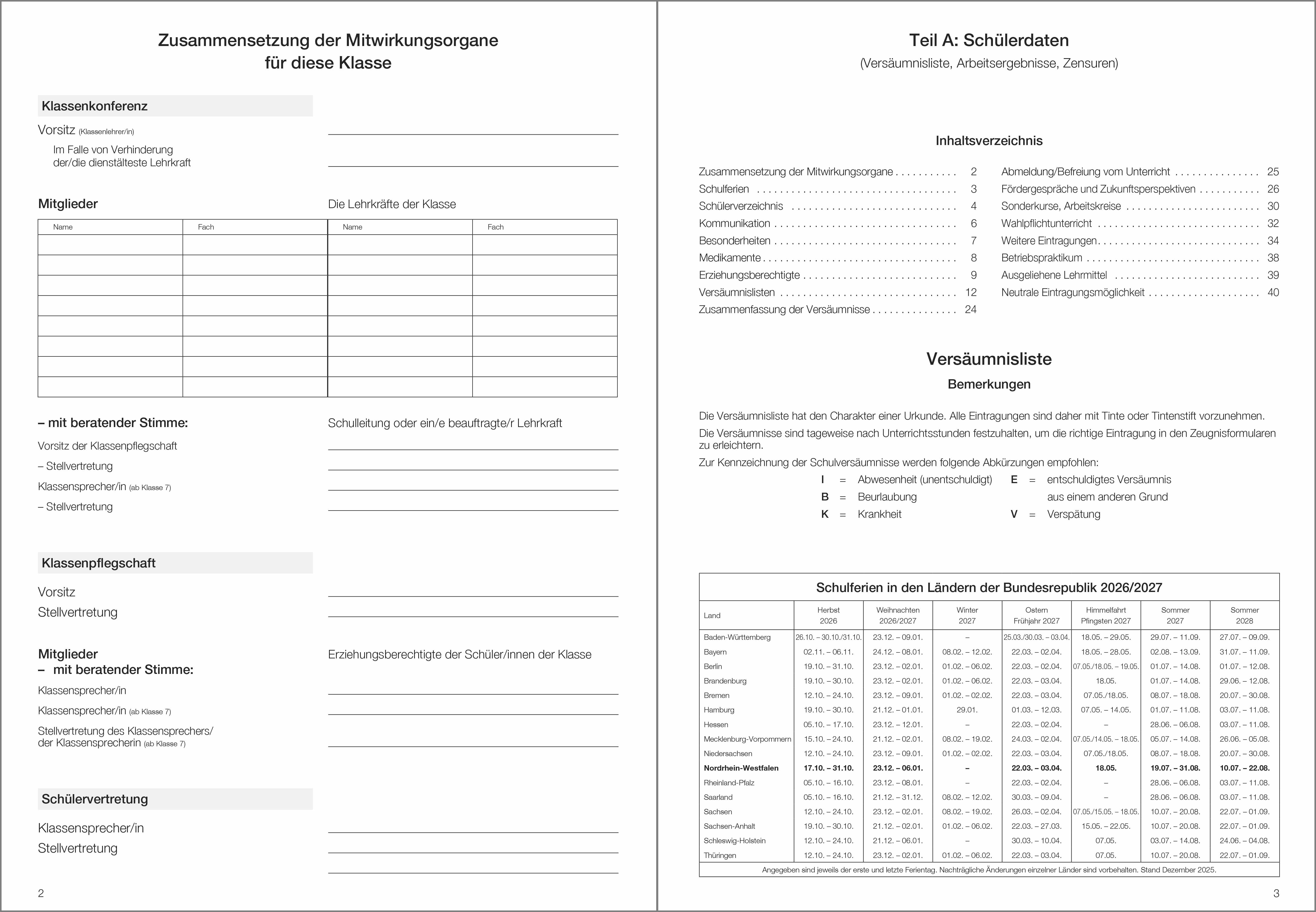 Schülerdaten FOS Lernen/GB Klassenbuch Teil A 2026/2027