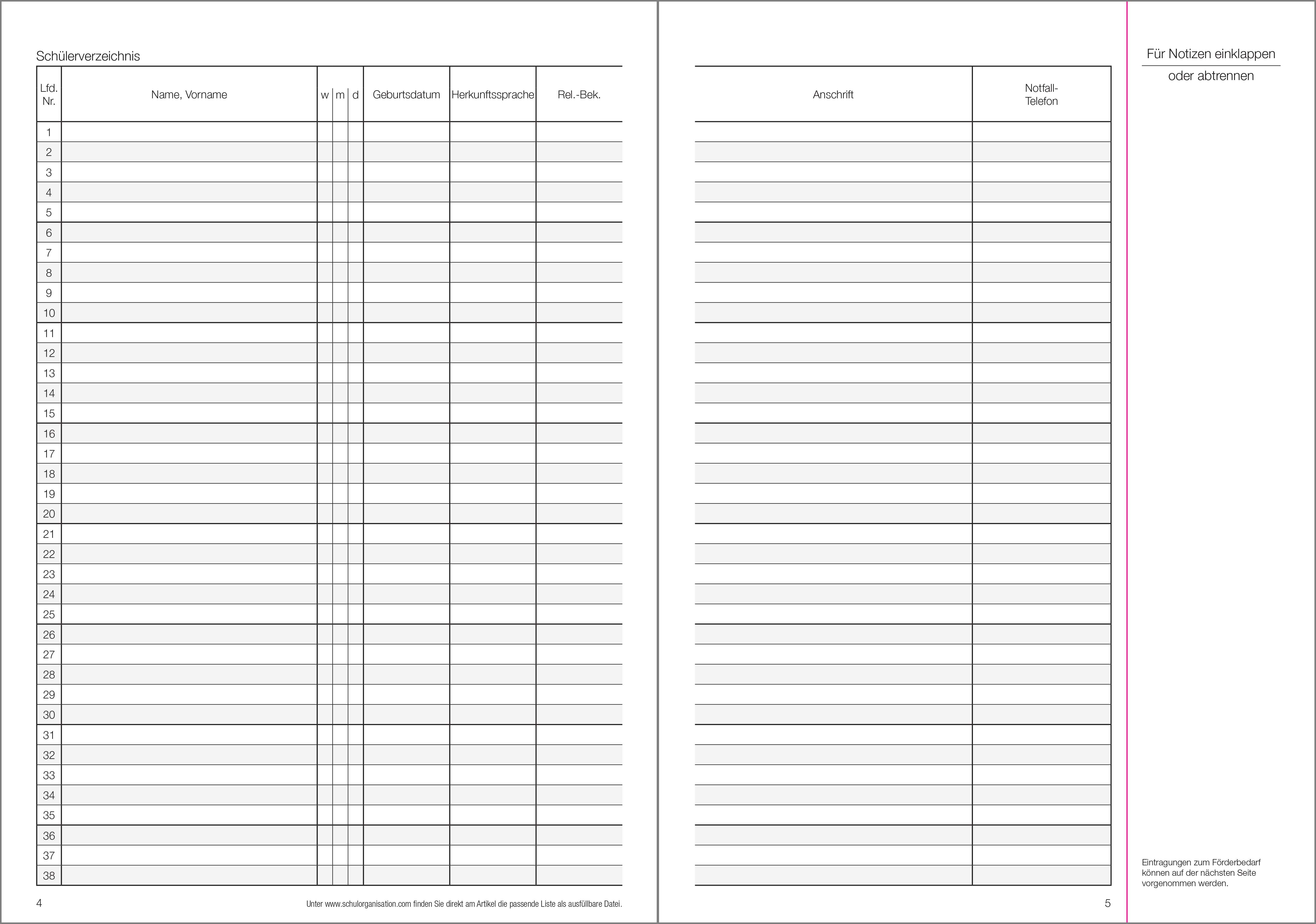 Schülerdaten neutral Klassenbuch Teil A 2026/2027