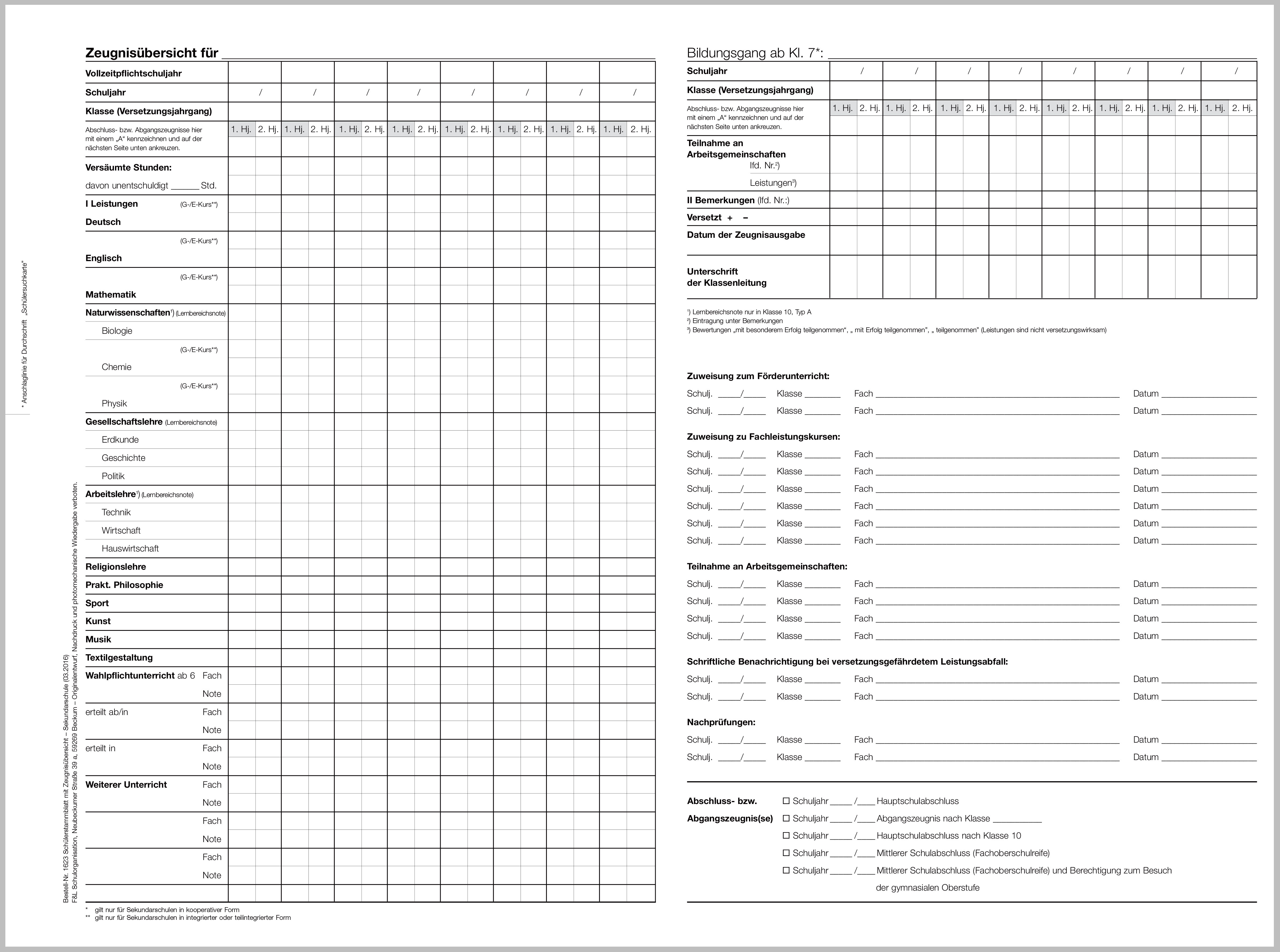 Schülerstammblatt Schullaufbahndaten