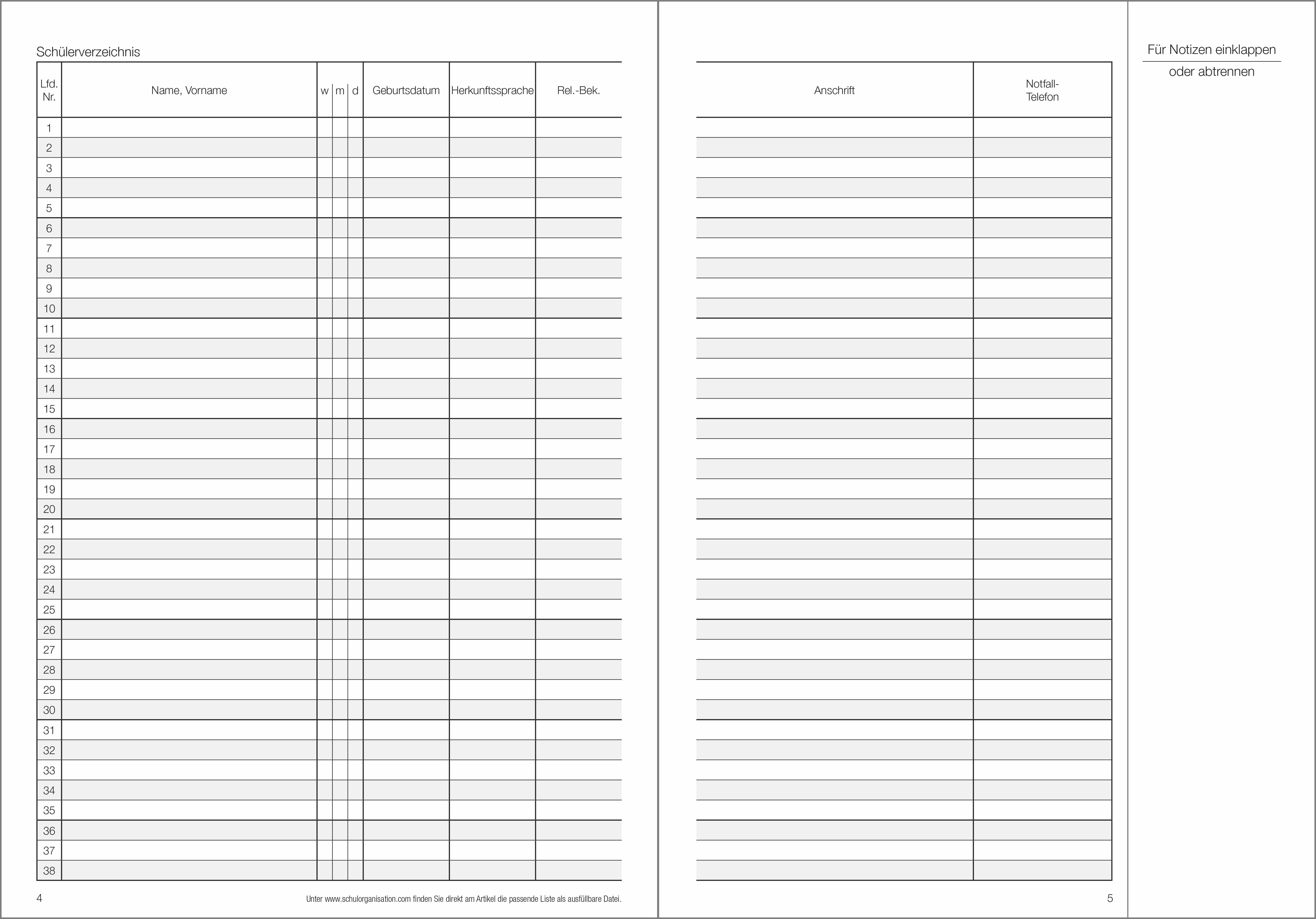 Schülerdaten Gymnasium Klassenbuch Teil A 2026/2027