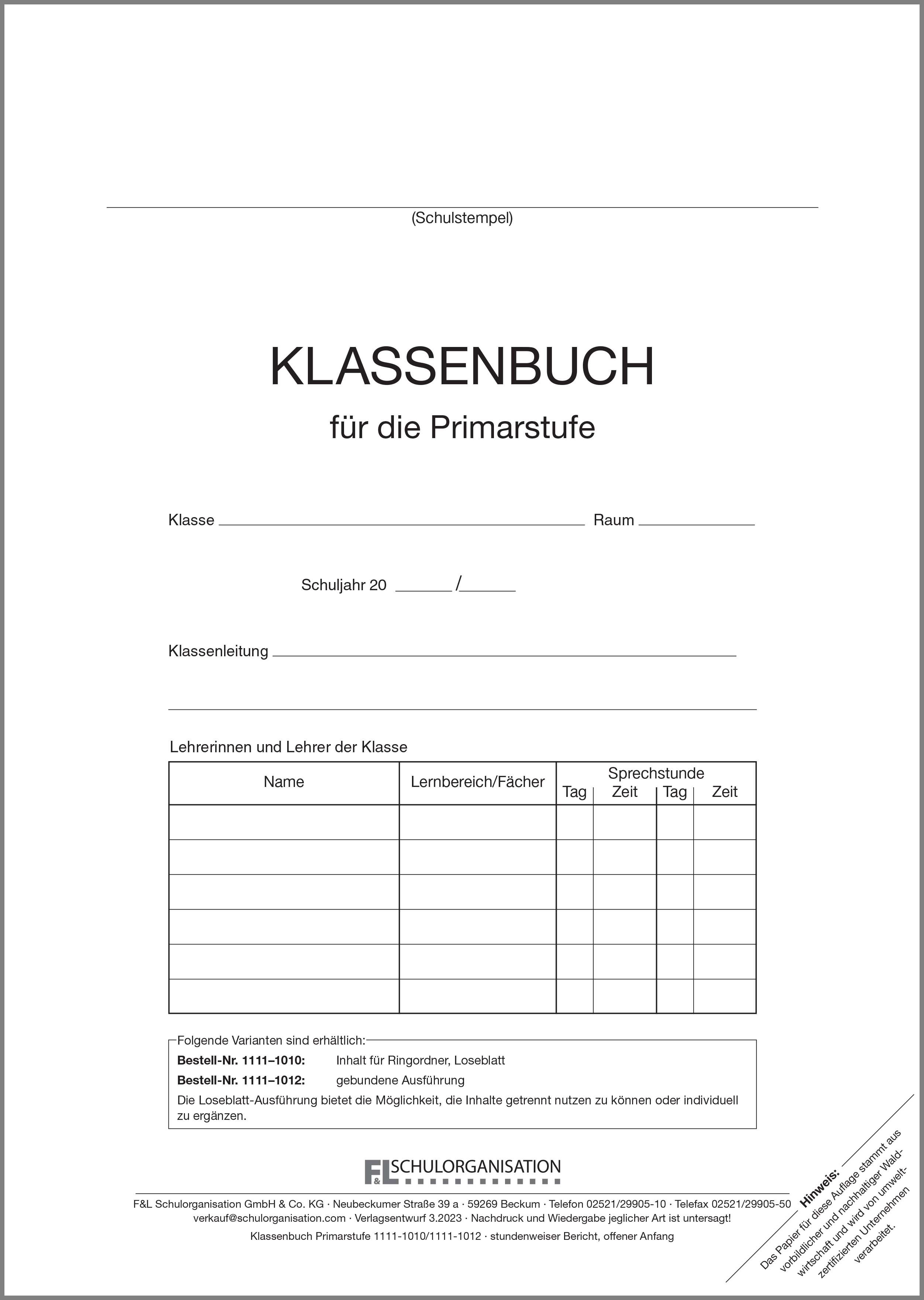Klassenbuch wochenweise GS Offener Anfang Lose Blatt