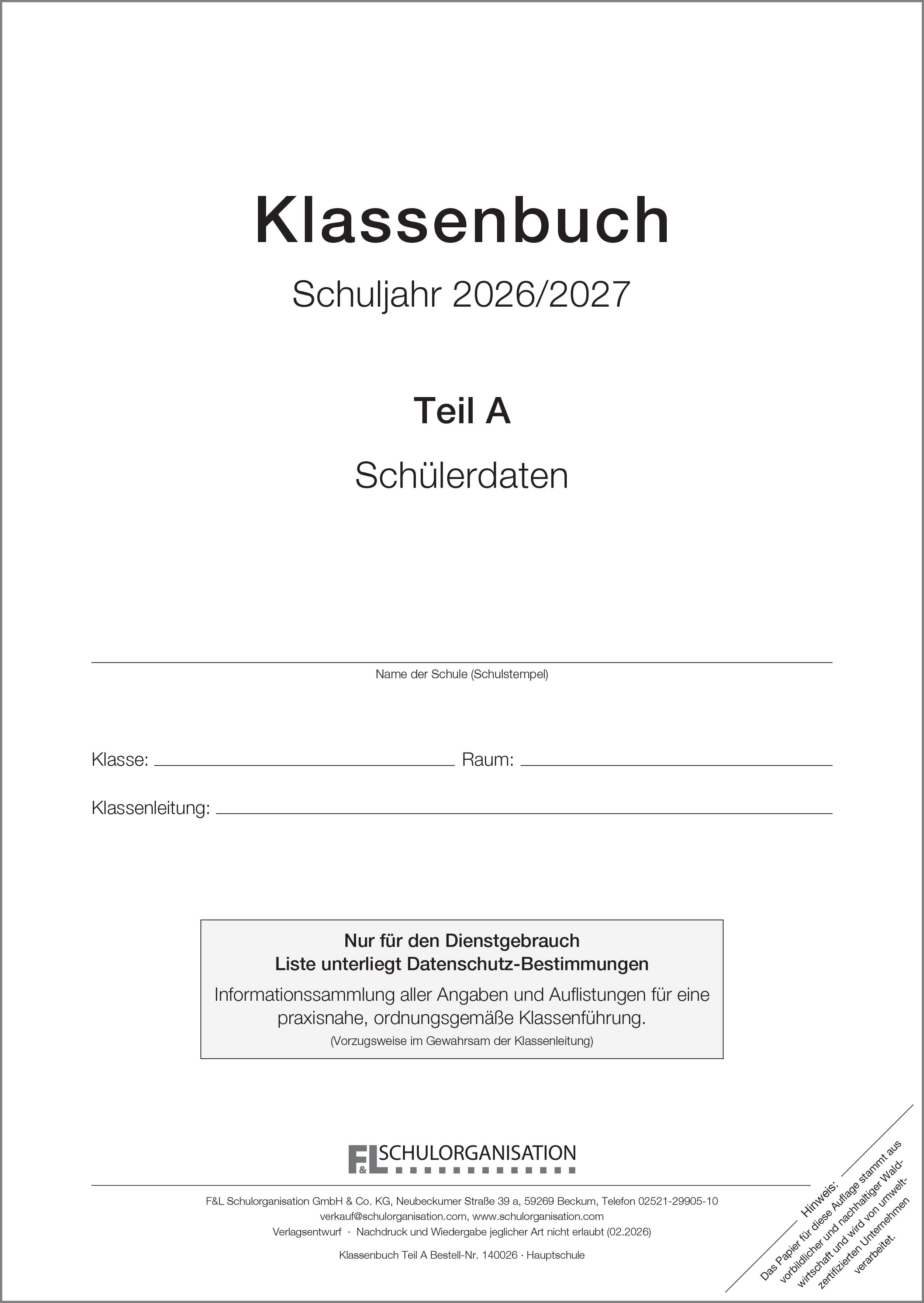 Schülerdaten Hauptschule Klassenbuch Teil A 2026/2027