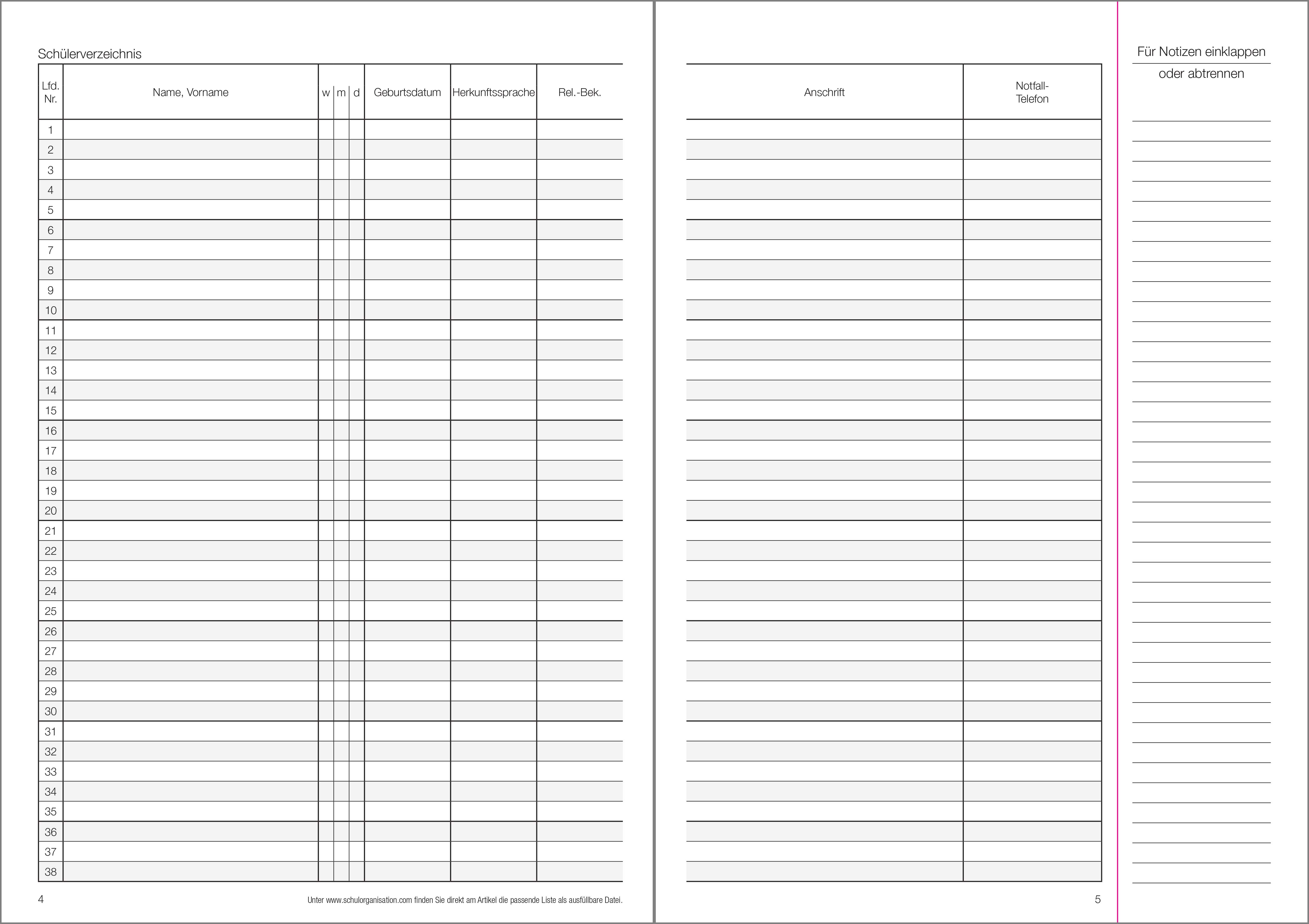 Versäumnislisten Klassenbuch Teil A 2026/2027