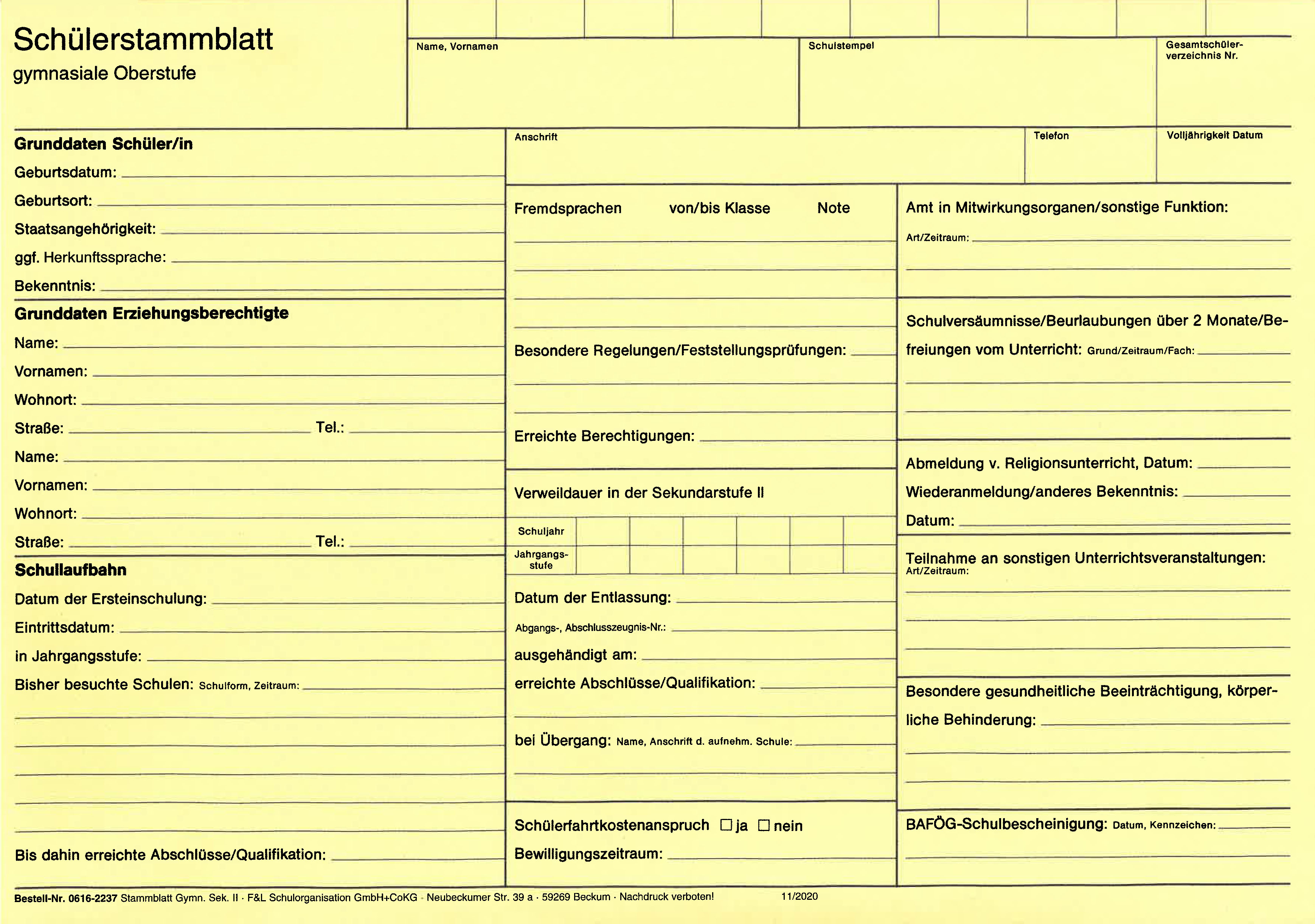 Schülerstammblatt Sek II