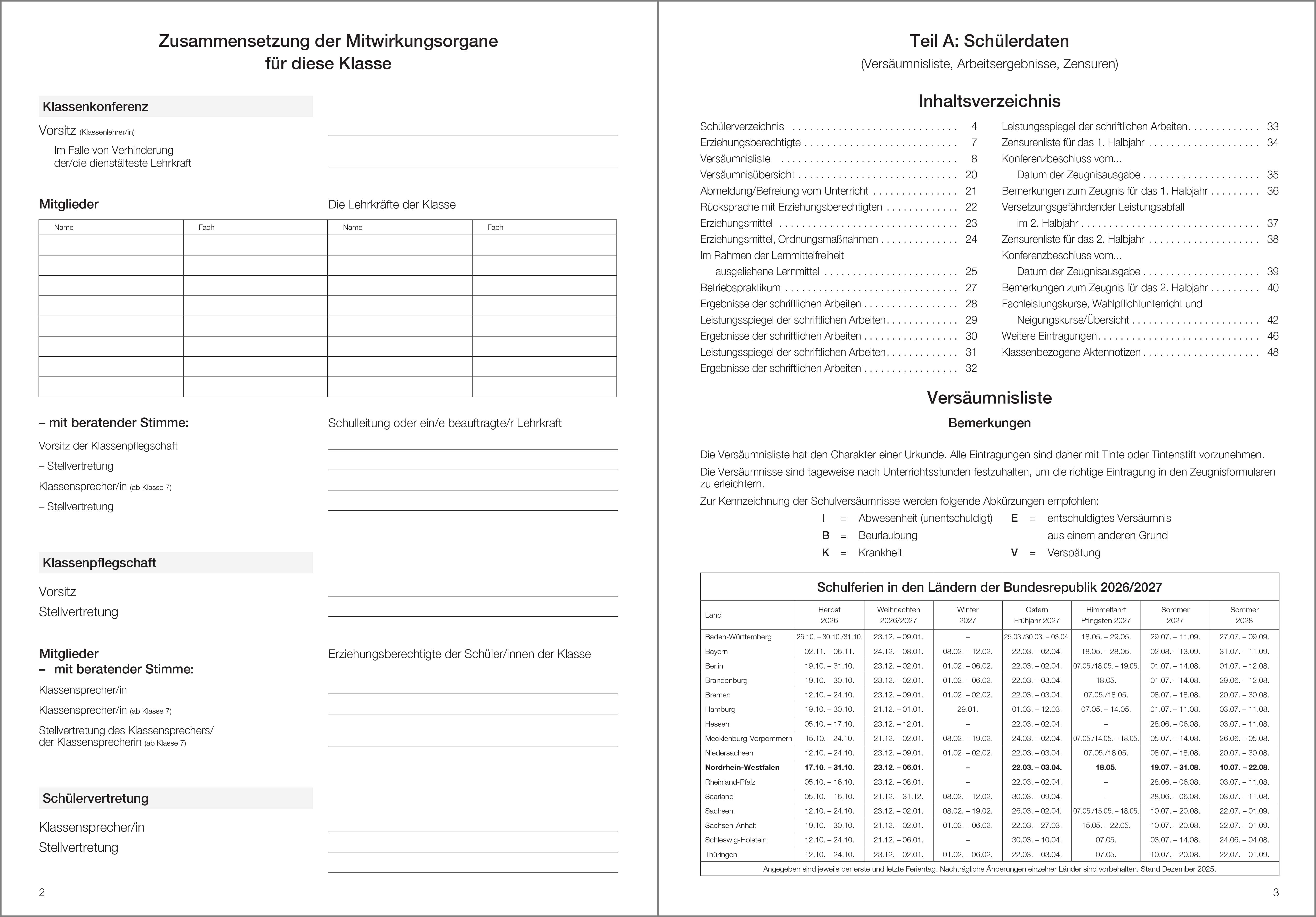 Schülerdaten Hauptschule Klassenbuch Teil A 2026/2027