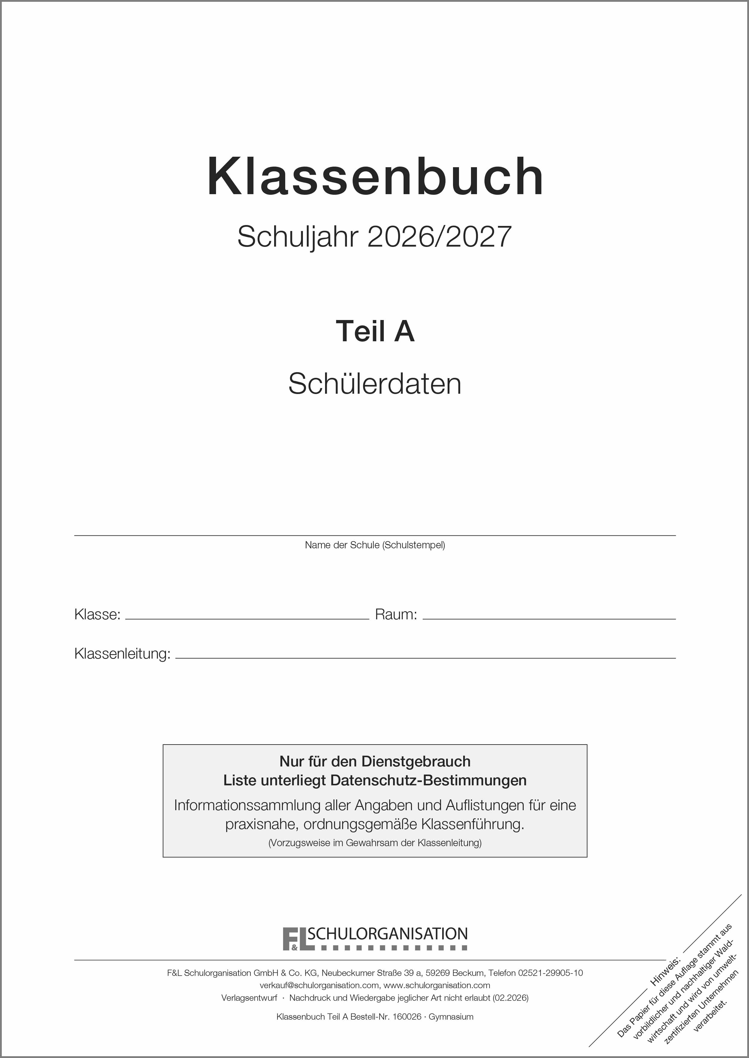 Schülerdaten Gymnasium Klassenbuch Teil A 2026/2027