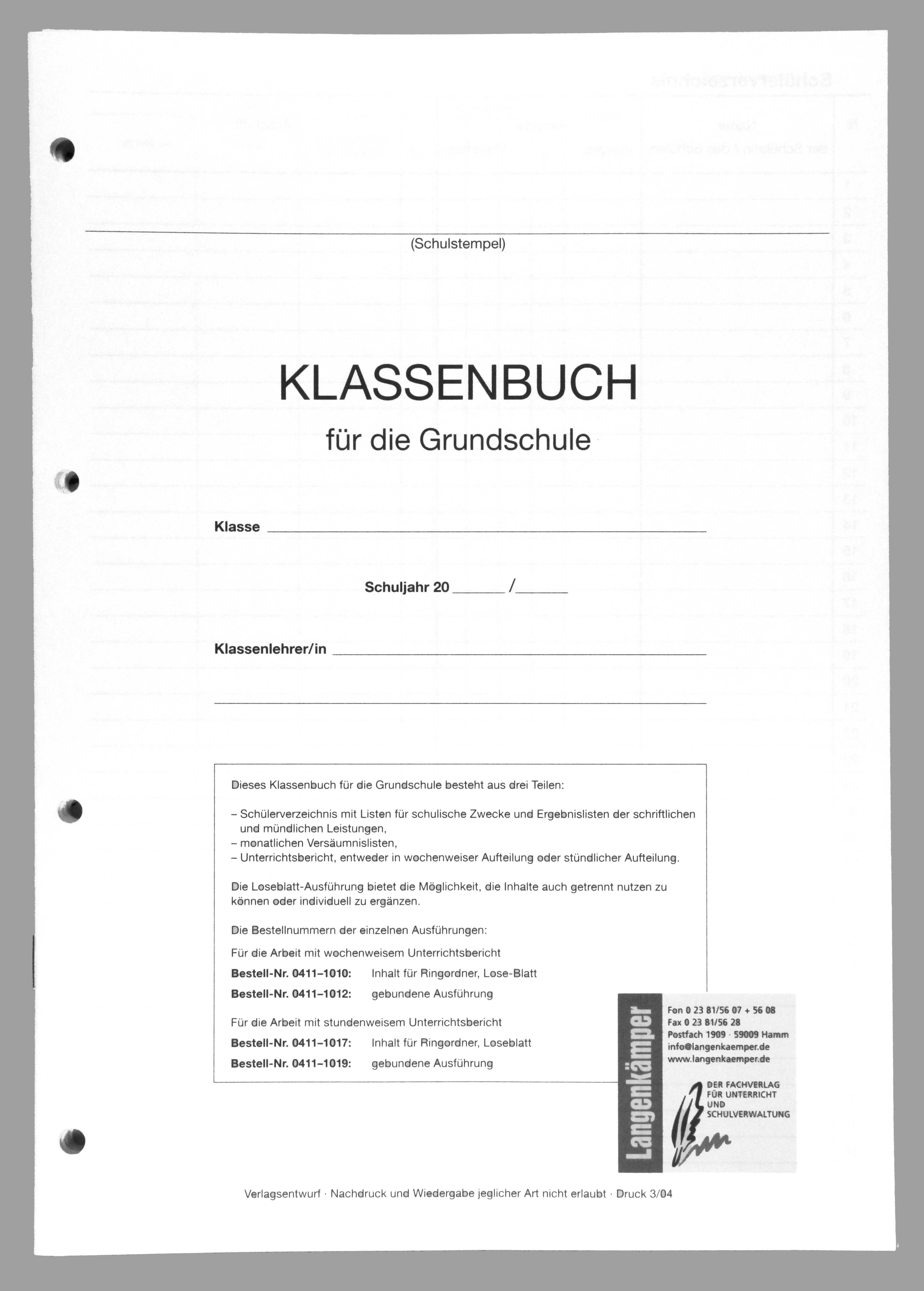 Unterrichtsbericht stunden- weise LoseBlatt