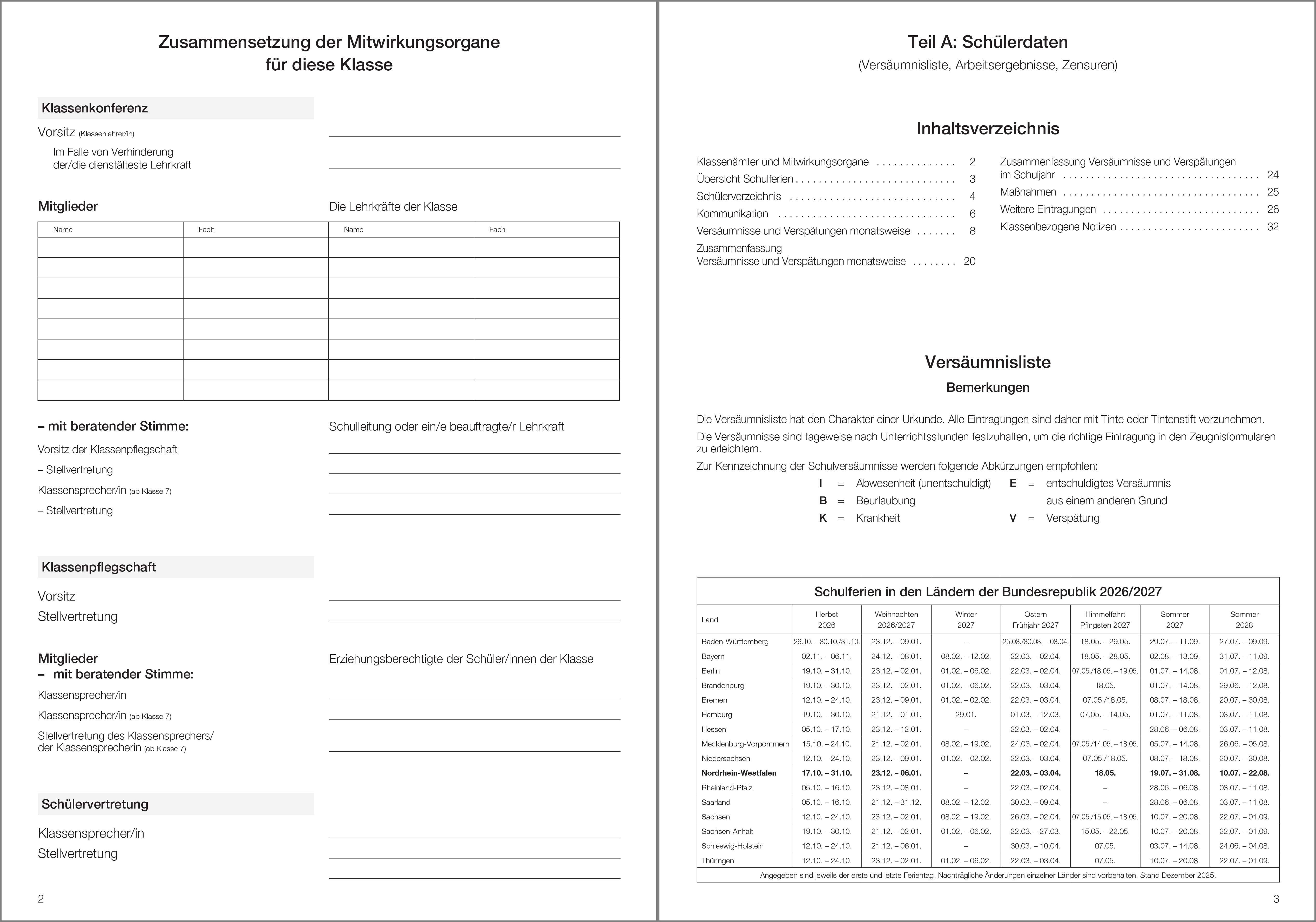 Versäumnislisten Klassenbuch Teil A 2026/2027
