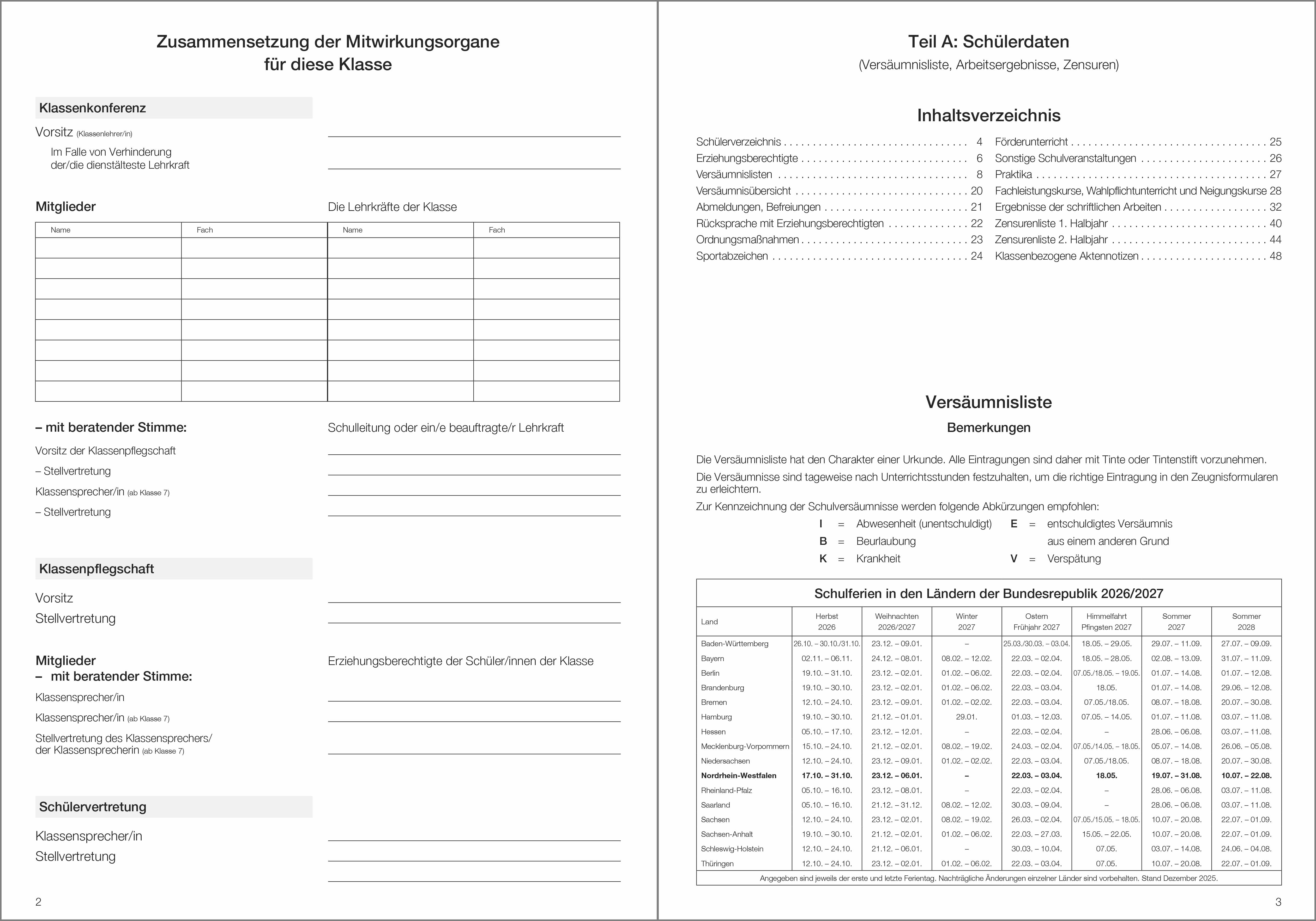 Schülerdaten Gesamtschule / Sekundarschule Klassenbuch Teil A 2026/2027