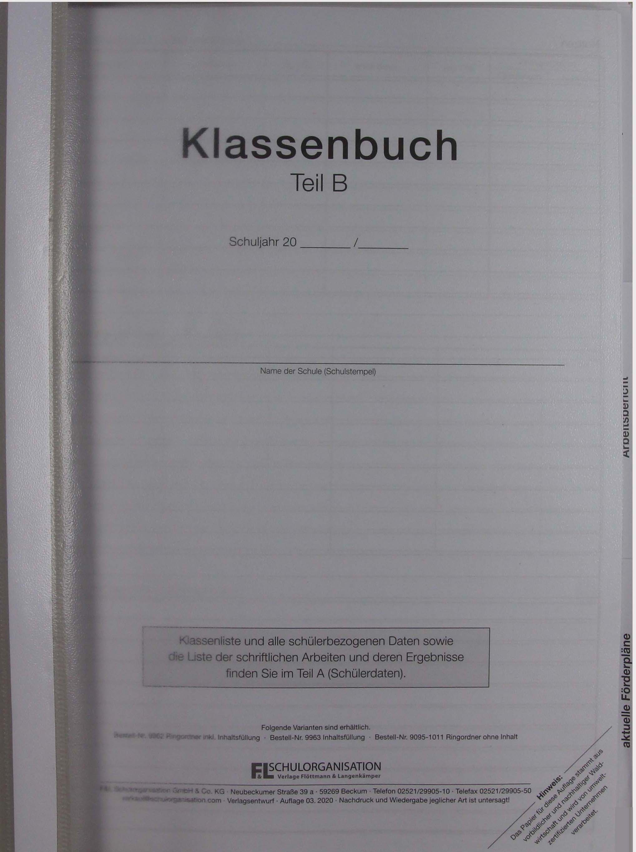 Klassenbuch stundenweise Förderschule Lose Blatt