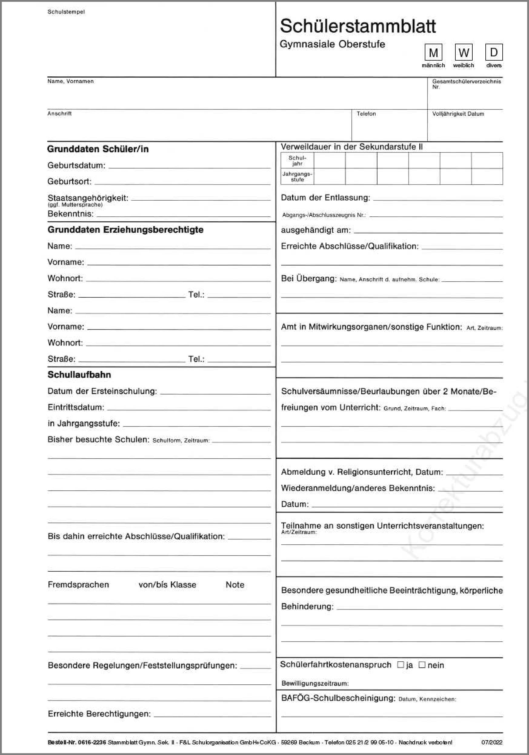 Schülerstammblatt Sek II