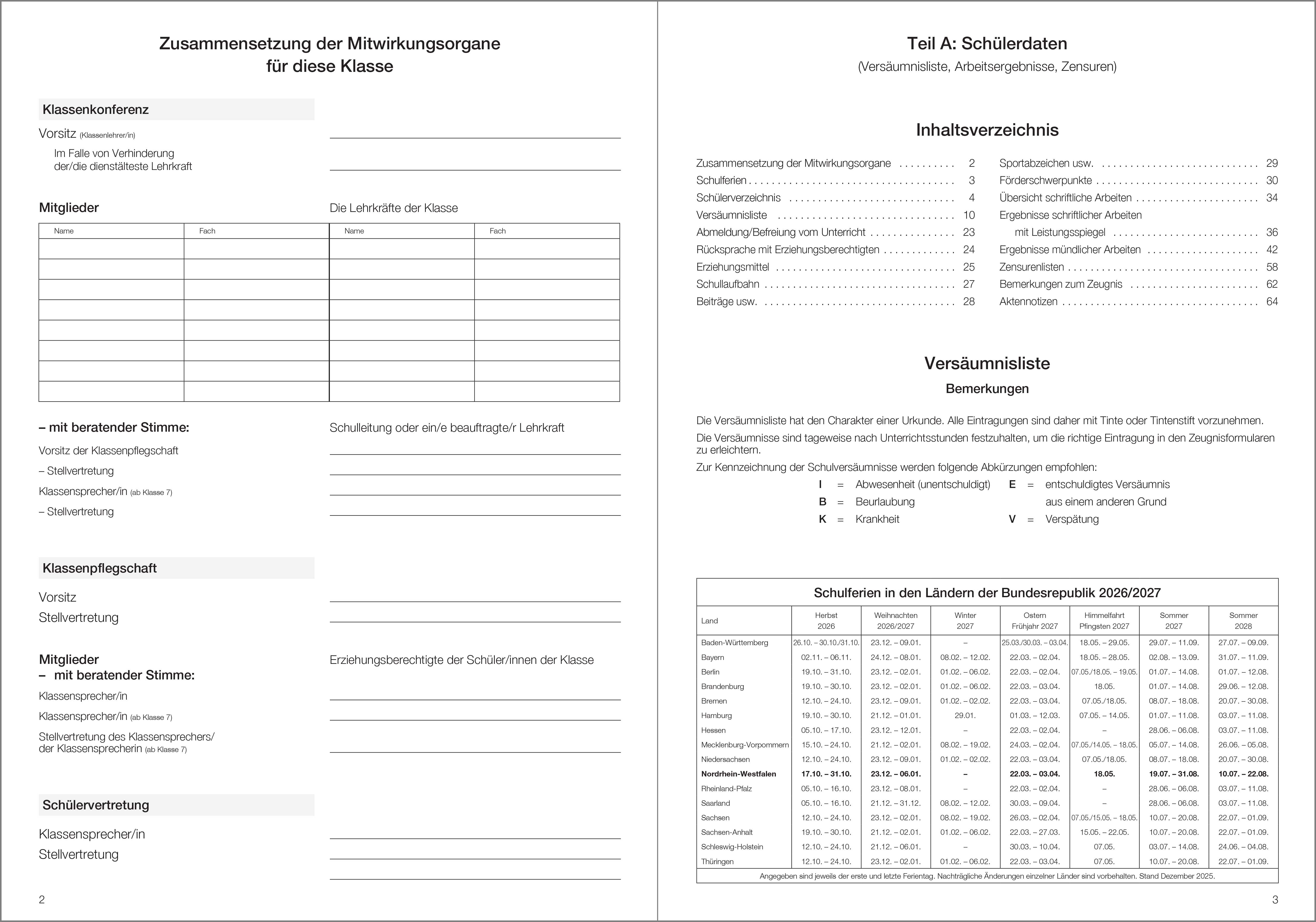 Schülerdaten neutral Klassenbuch Teil A 2026/2027