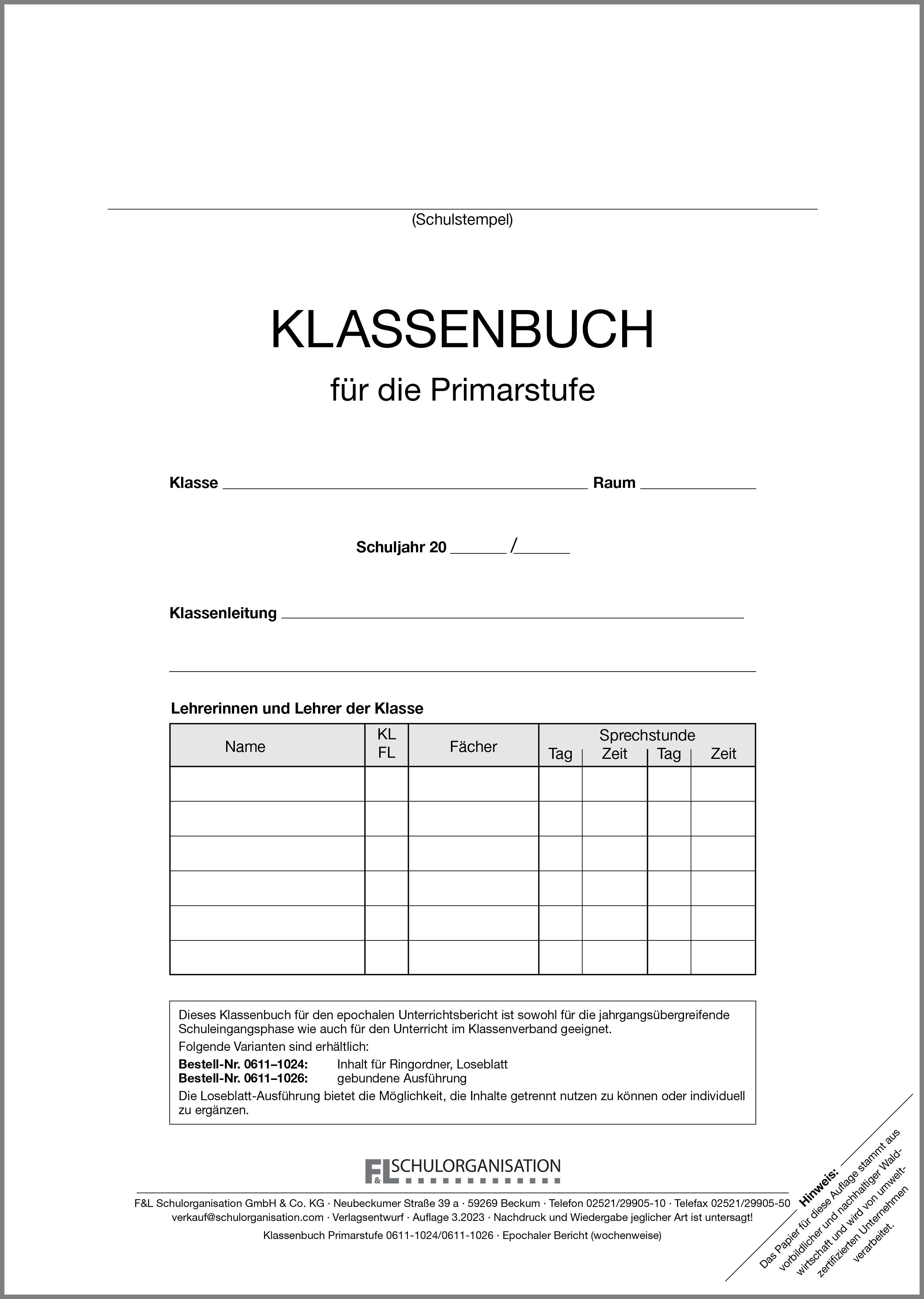 Klassenbuch wochenweise Grundschule NRW Lose Blatt