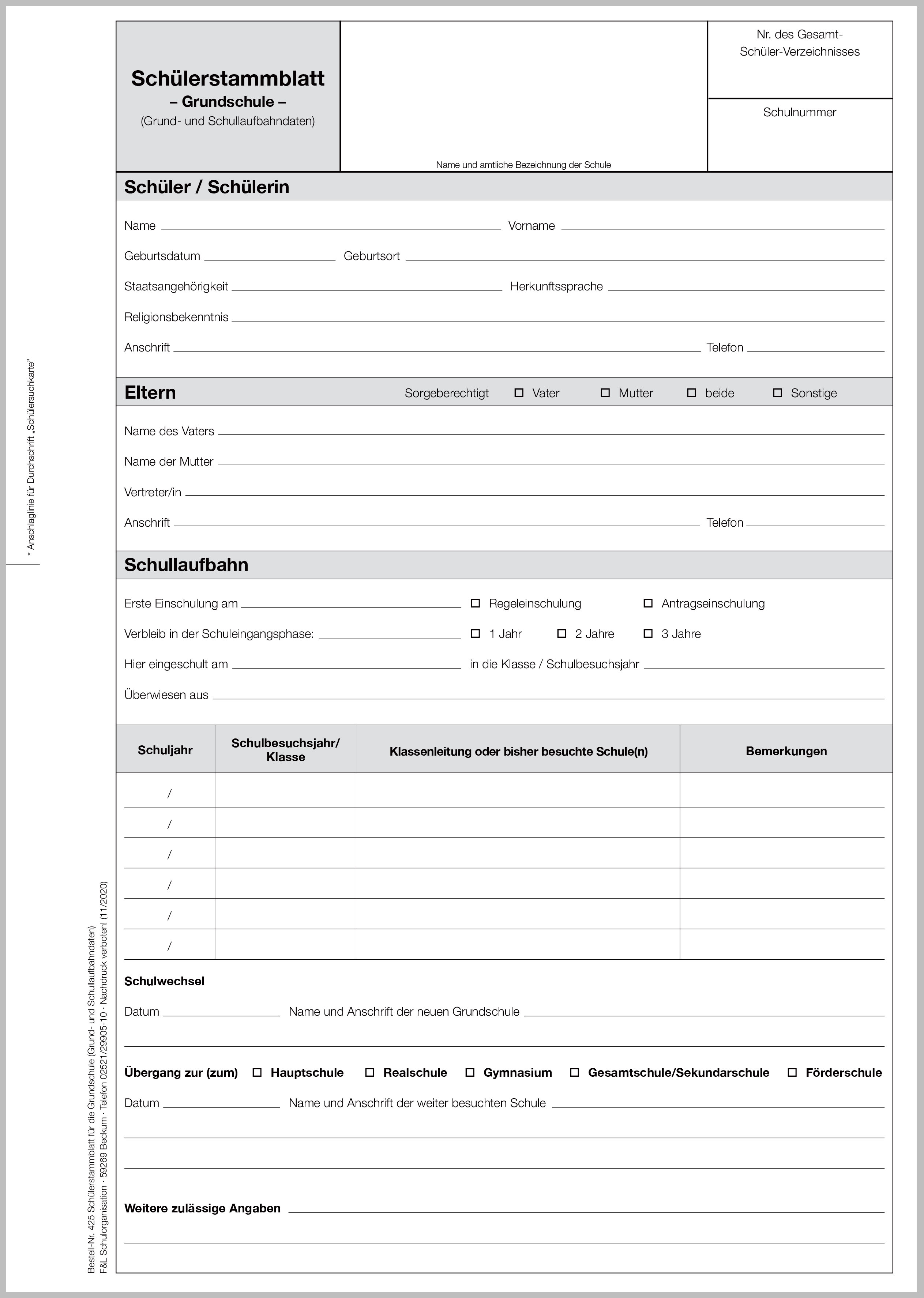 Schülerstammblatt Grundschule