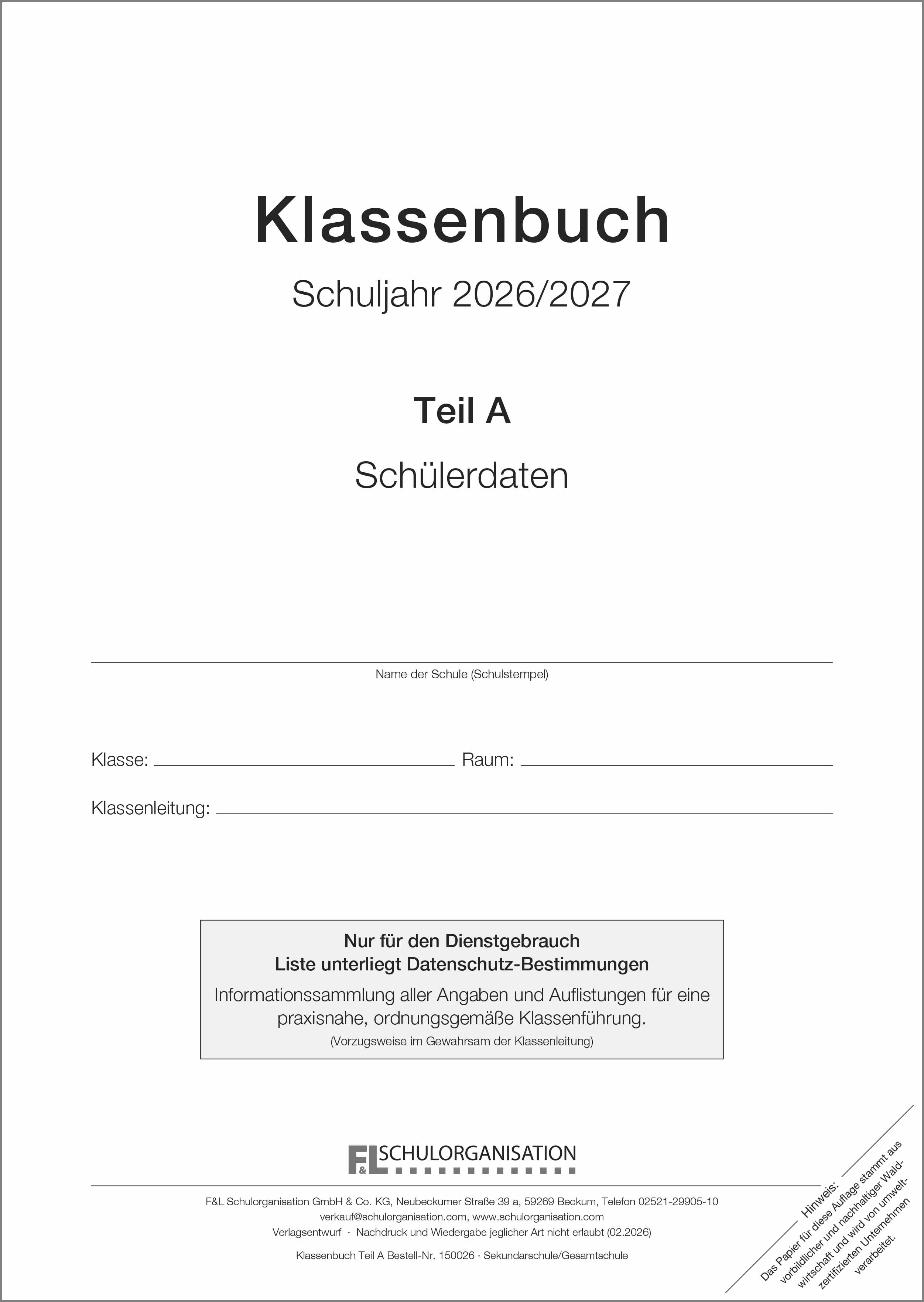 Schülerdaten Gesamtschule / Sekundarschule Klassenbuch Teil A 2026/2027