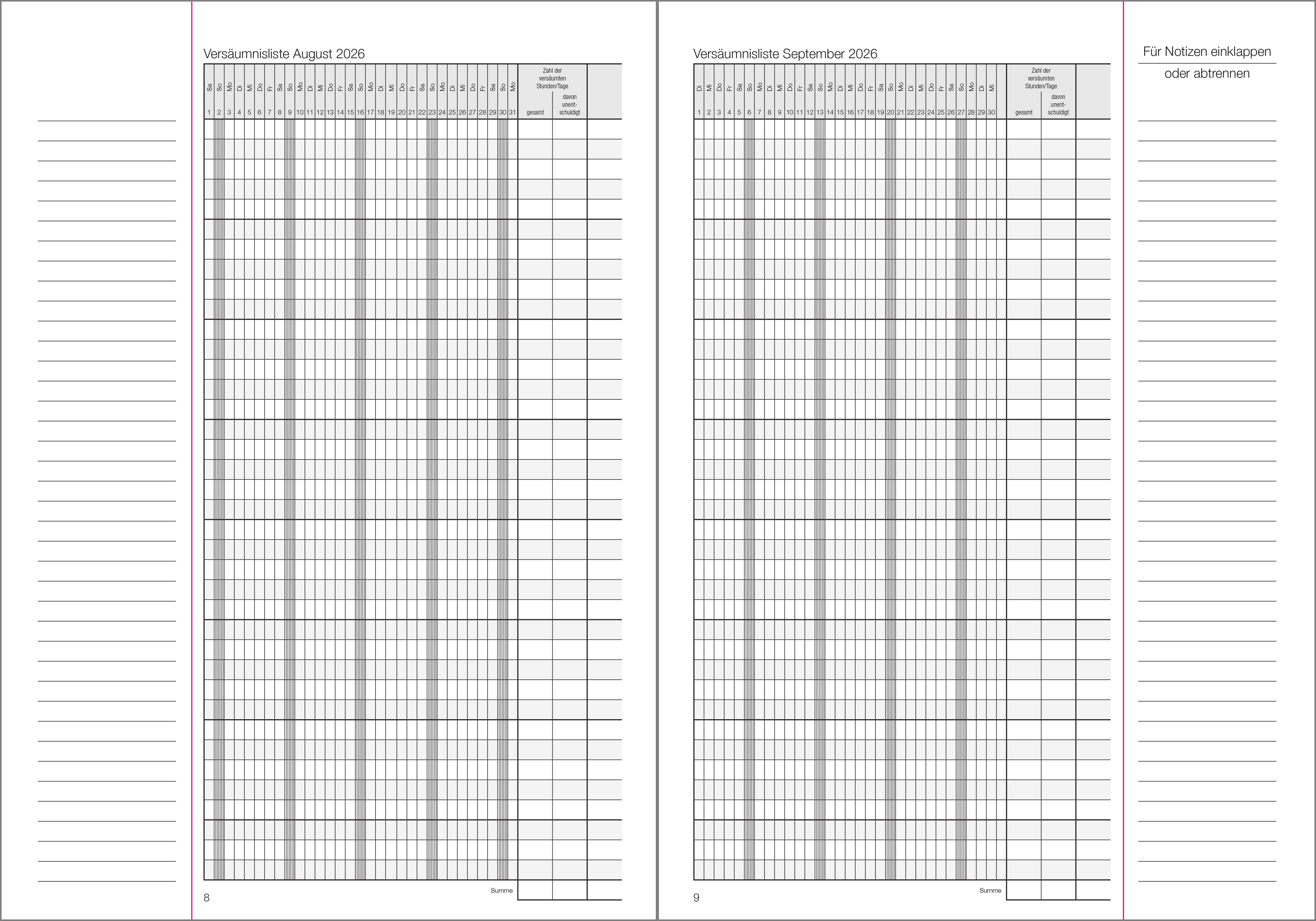 Versäumnislisten Klassenbuch Teil A 2026/2027