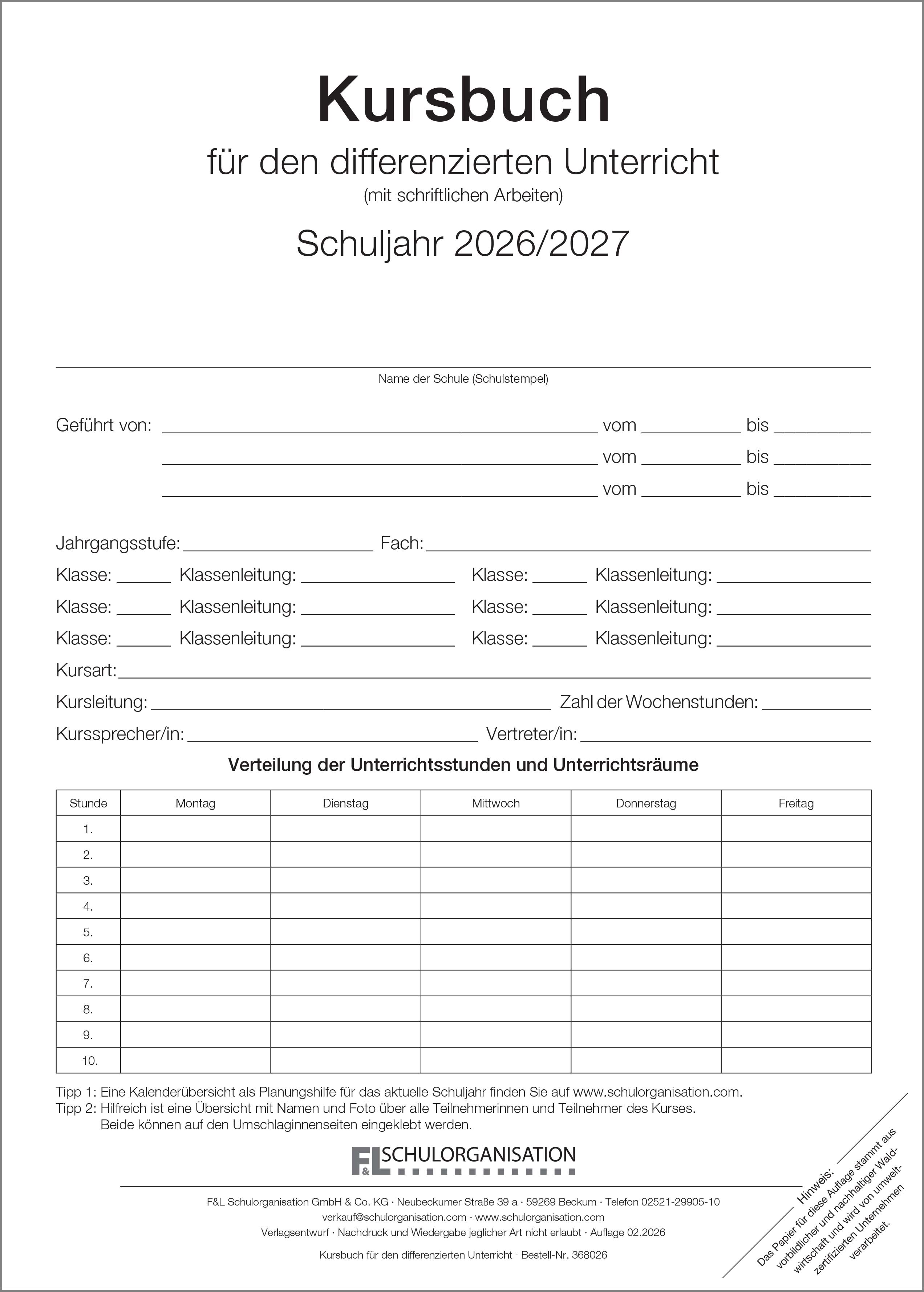 Kursbuch Schuljahr Kalendarium 2026/2027