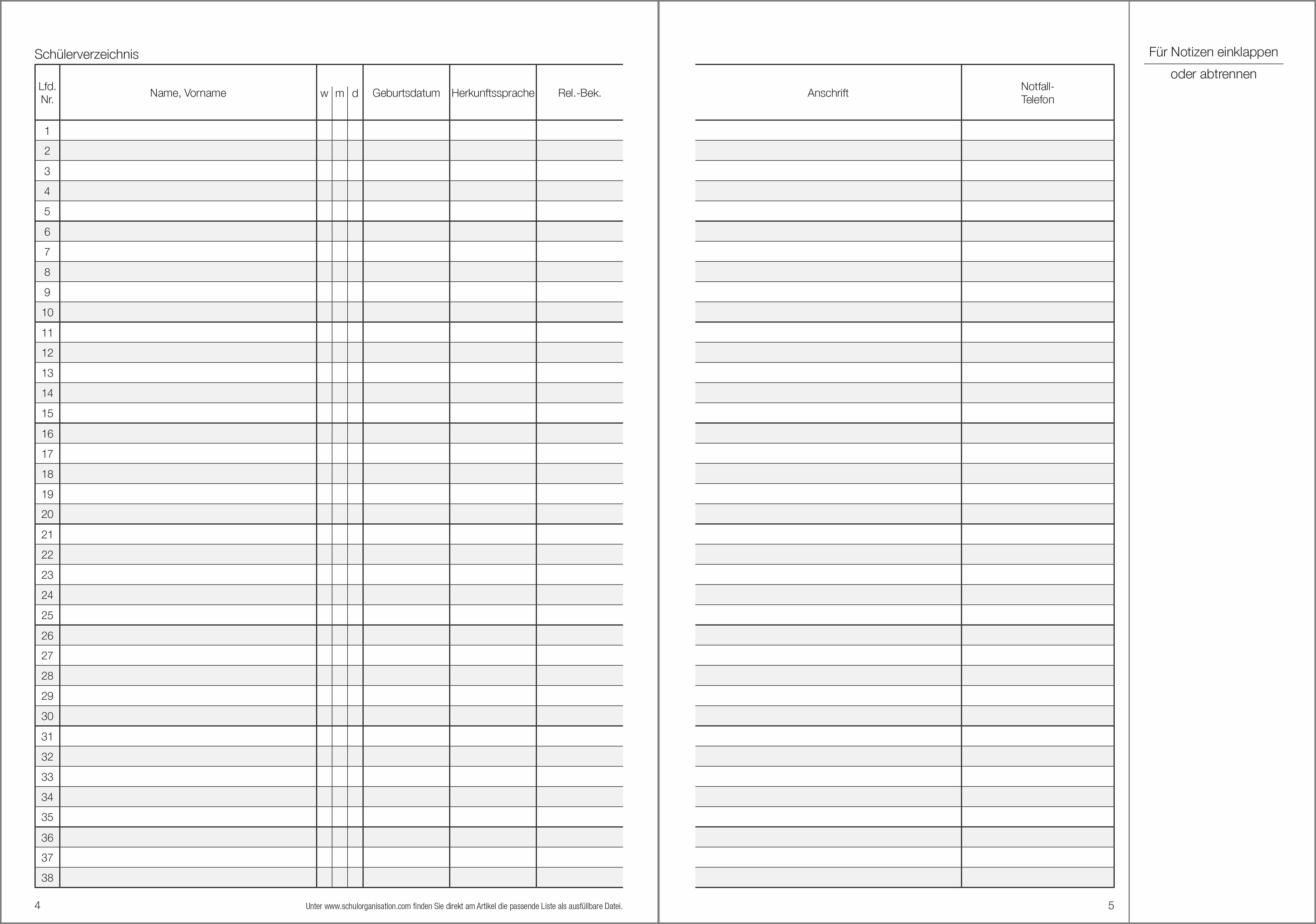 Schülerdaten Gesamtschule / Sekundarschule Klassenbuch Teil A 2026/2027