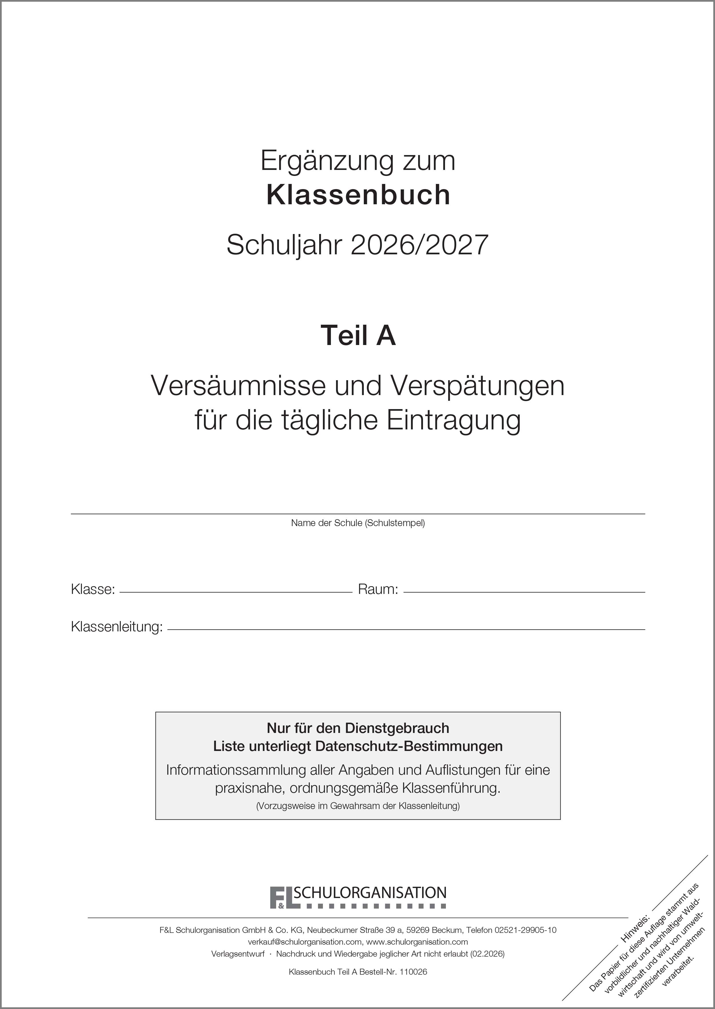 Versäumnislisten Klassenbuch Teil A 2026/2027