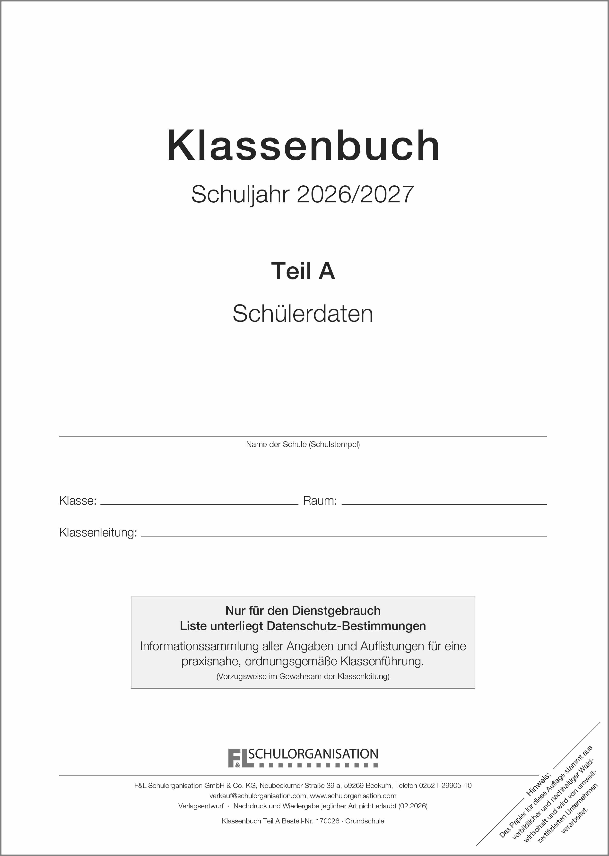 Schülerdaten Grundschule Klassenbuch Teil A 2026/2027