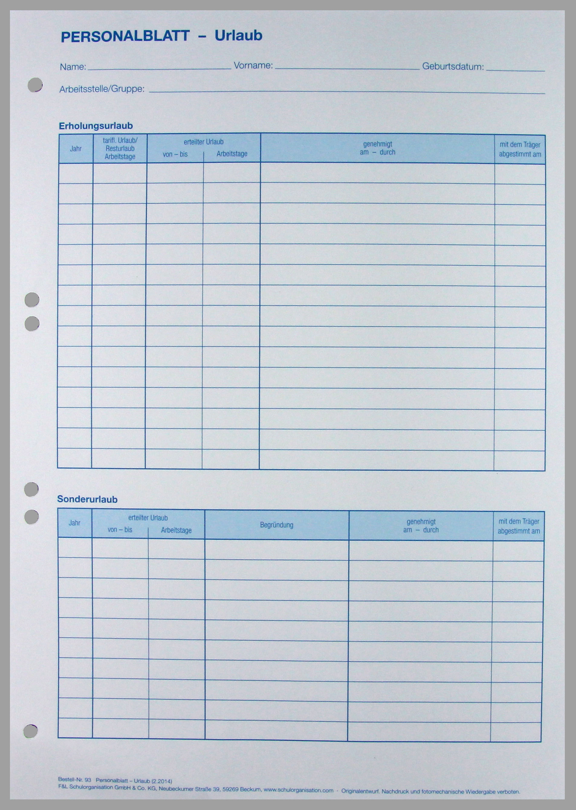 Personalblatt Urlaub