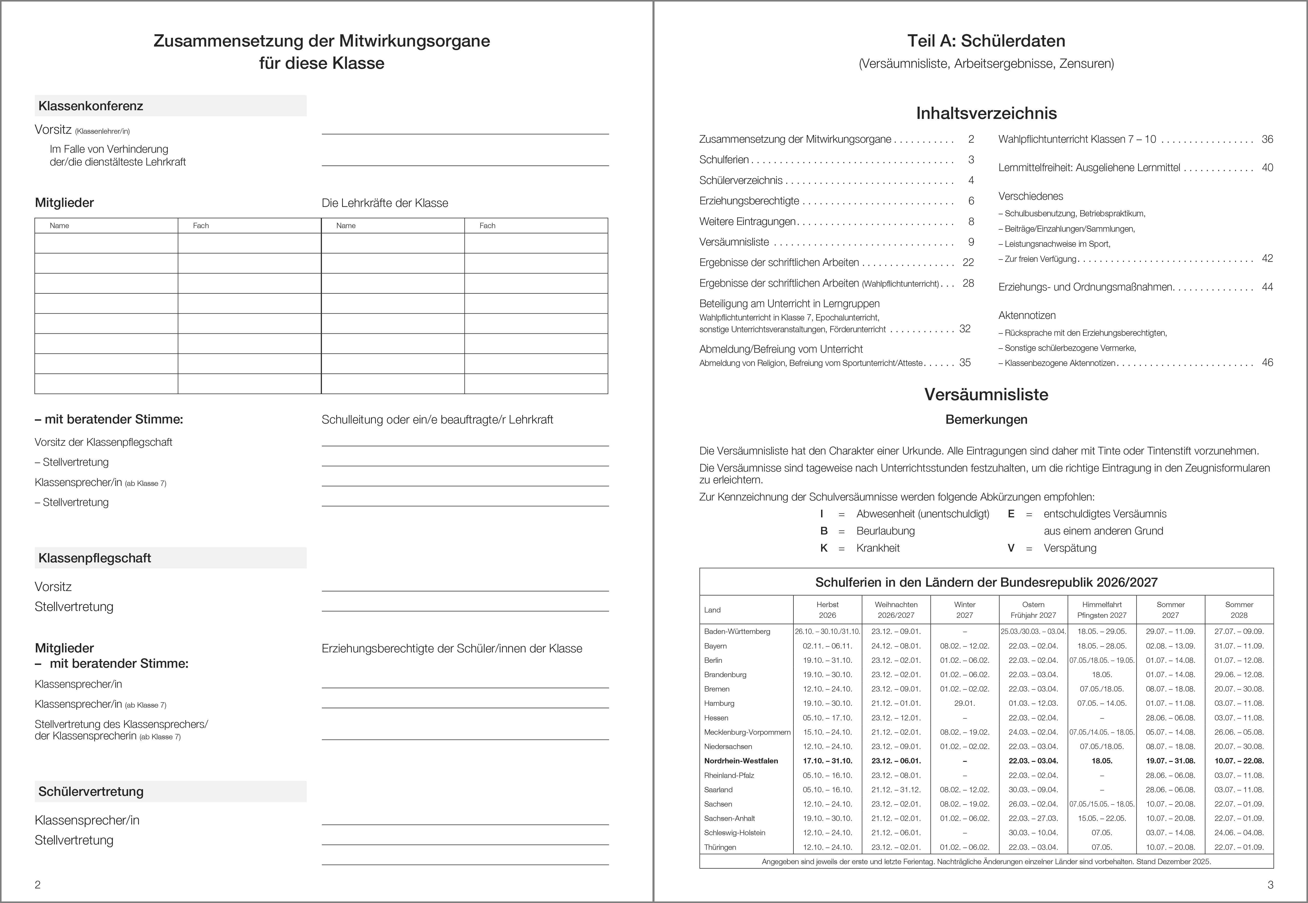 Schülerdaten Realschule Klassenbuch Teil A 2026/2027