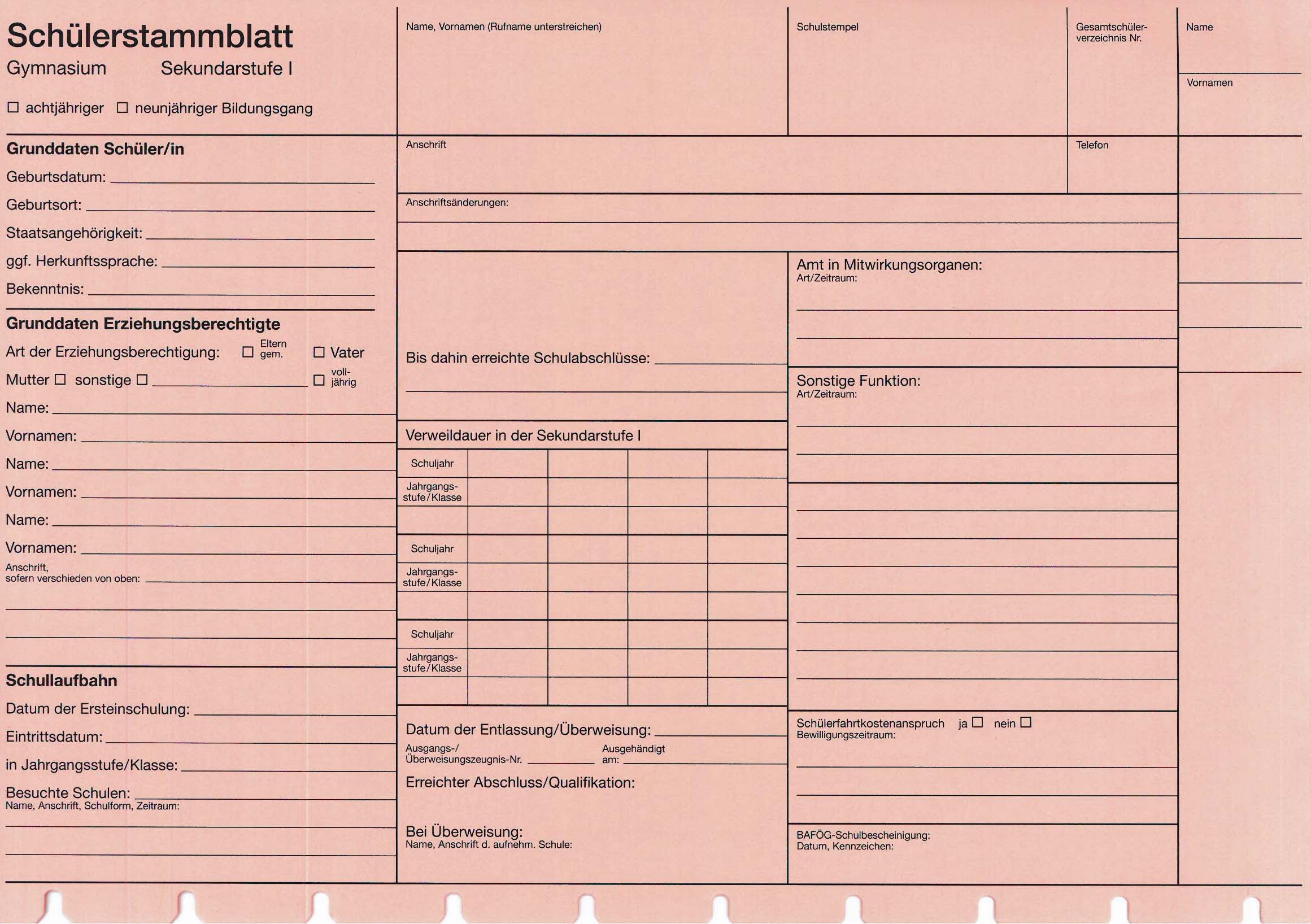 Schülerstammblatt Gymnasium