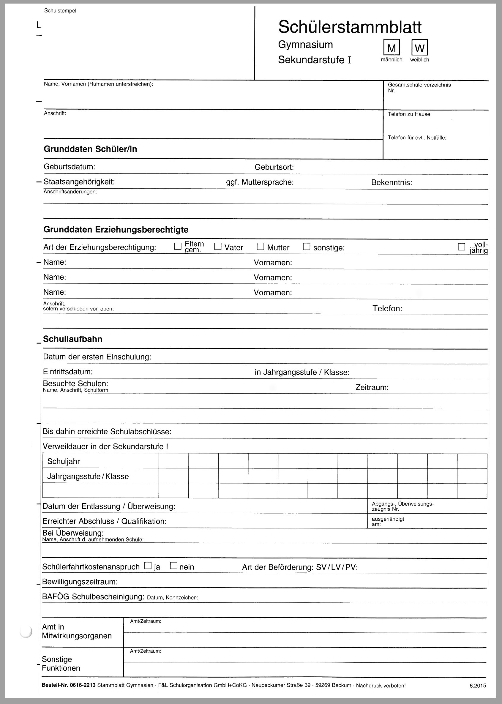 Schülerstammblatt Gymnasium