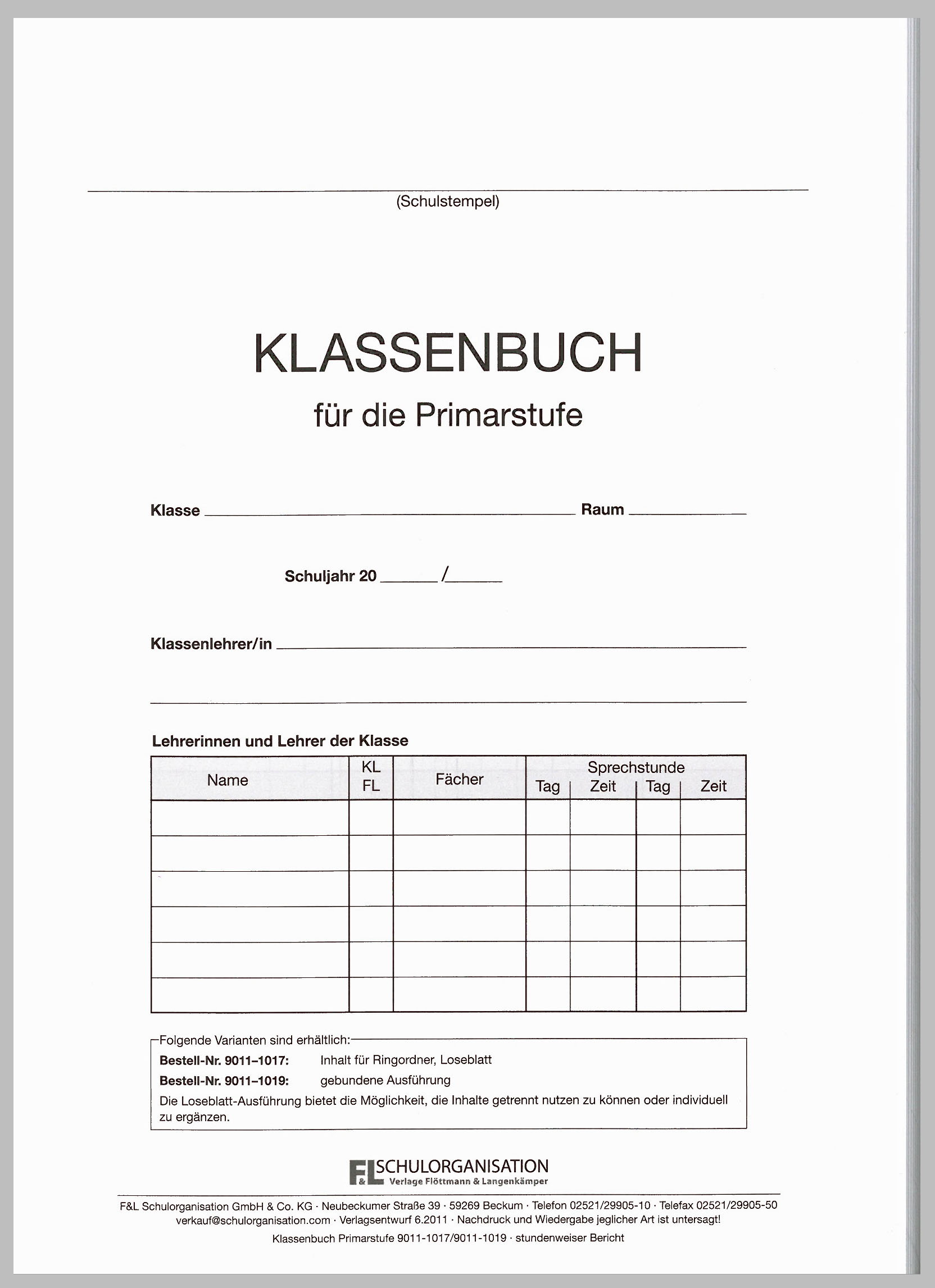 Klassenbuch stundenweise Lose Blatt