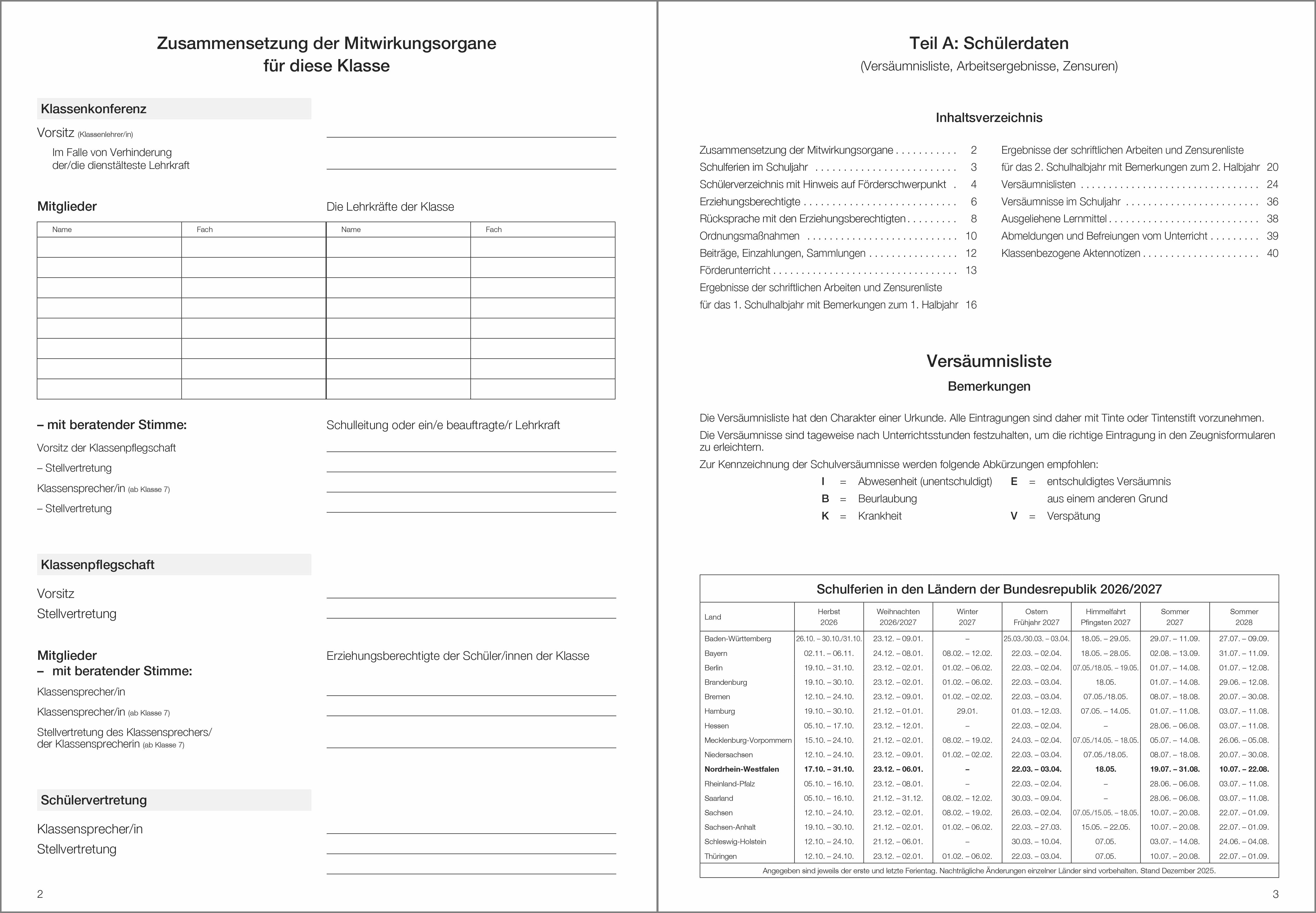 Schülerdaten Grundschule Klassenbuch Teil A 2026/2027