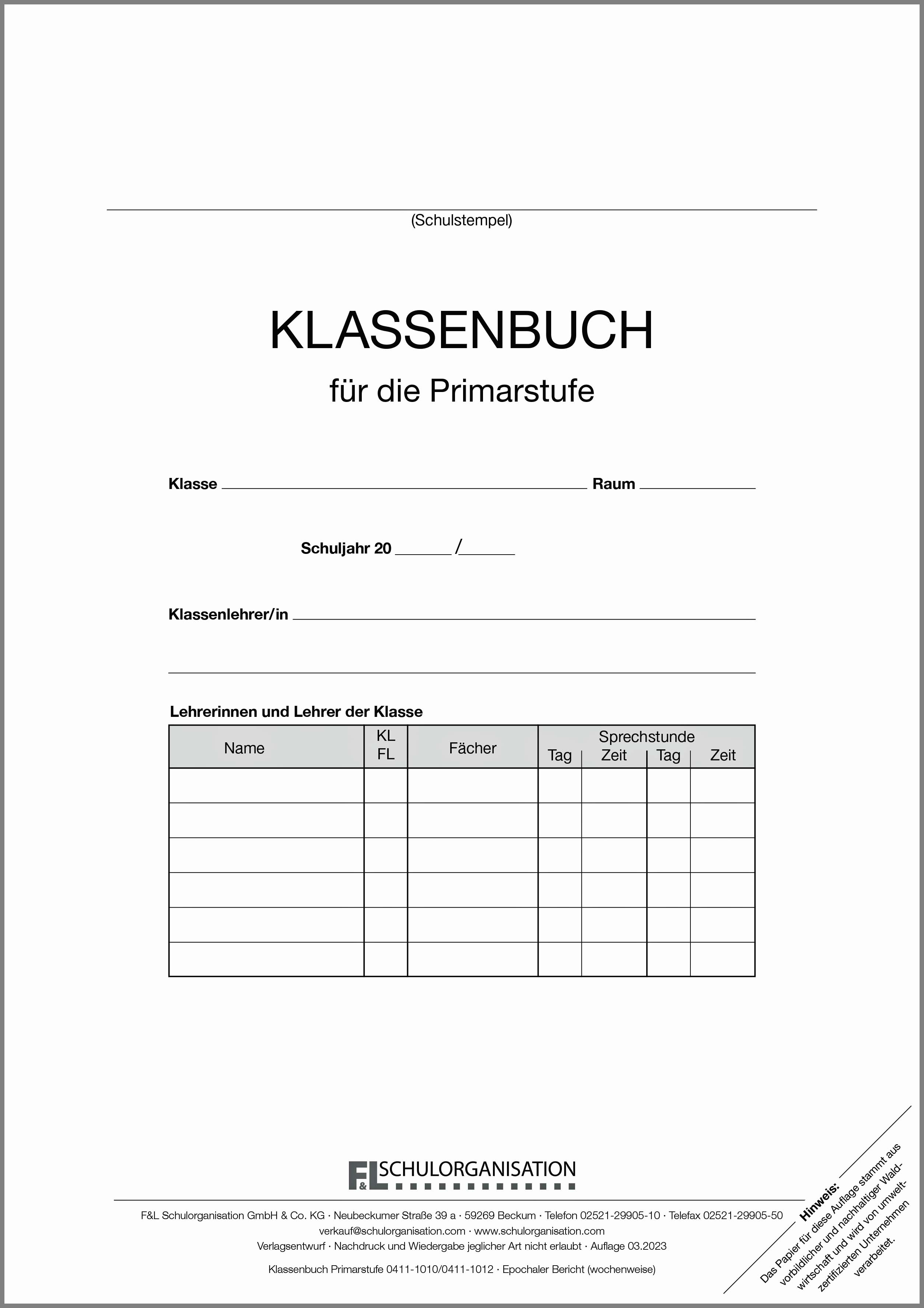 Klassenbuch Grundschule Niedersachsen Lose Blatt