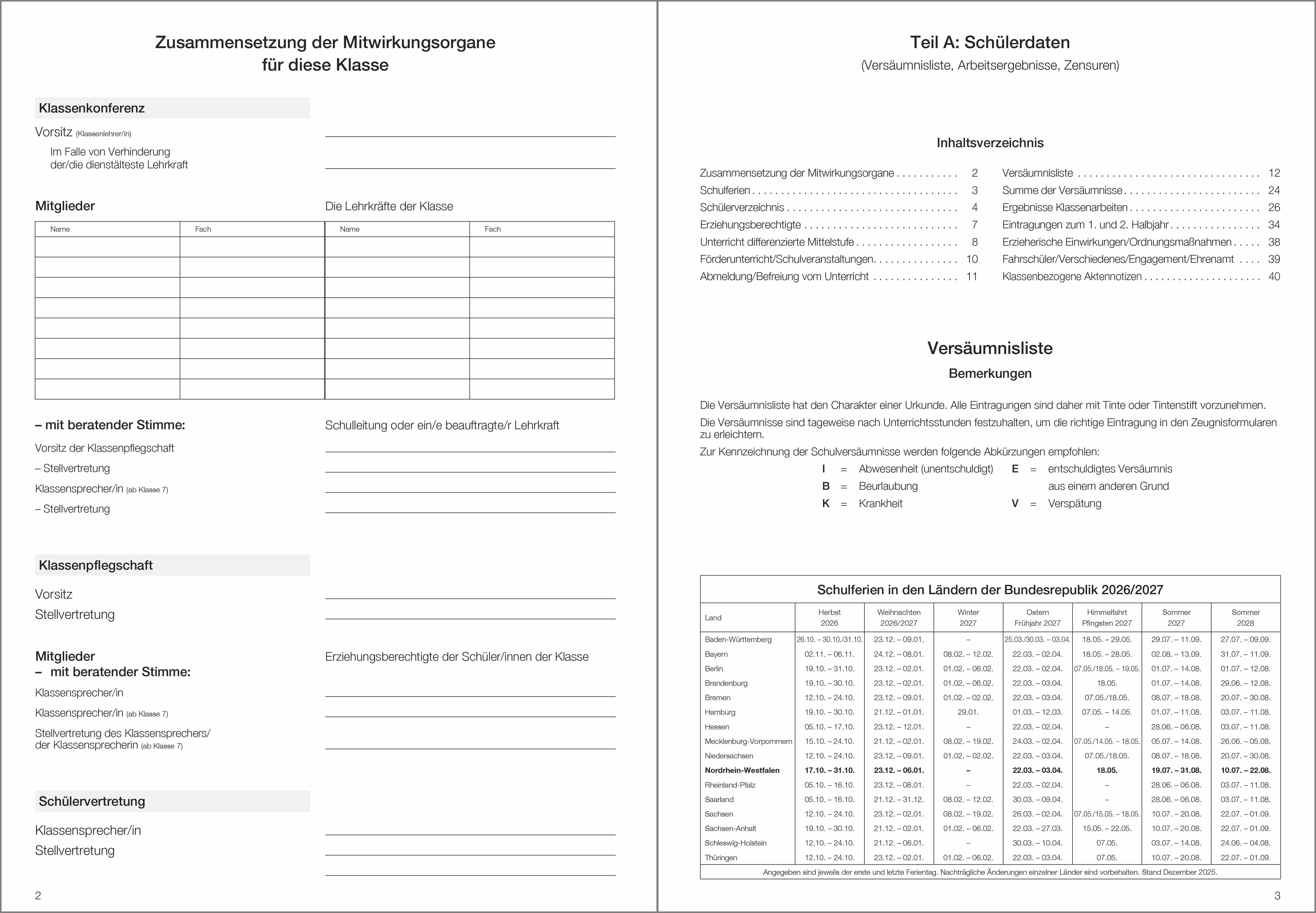 Schülerdaten Gymnasium Klassenbuch Teil A 2026/2027