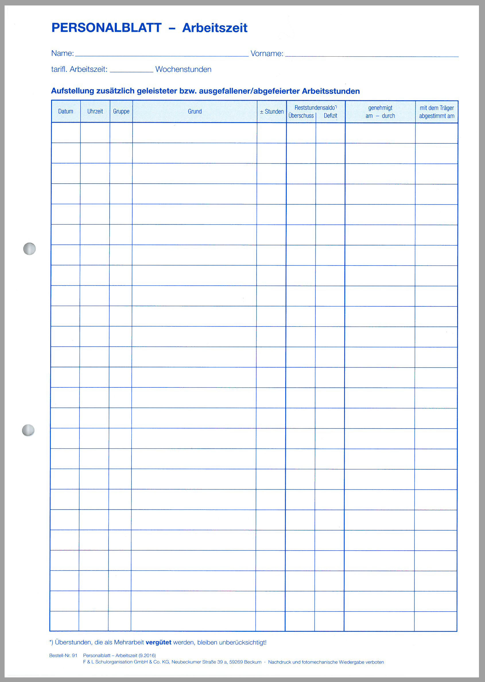 Personalblatt Arbeitszeit