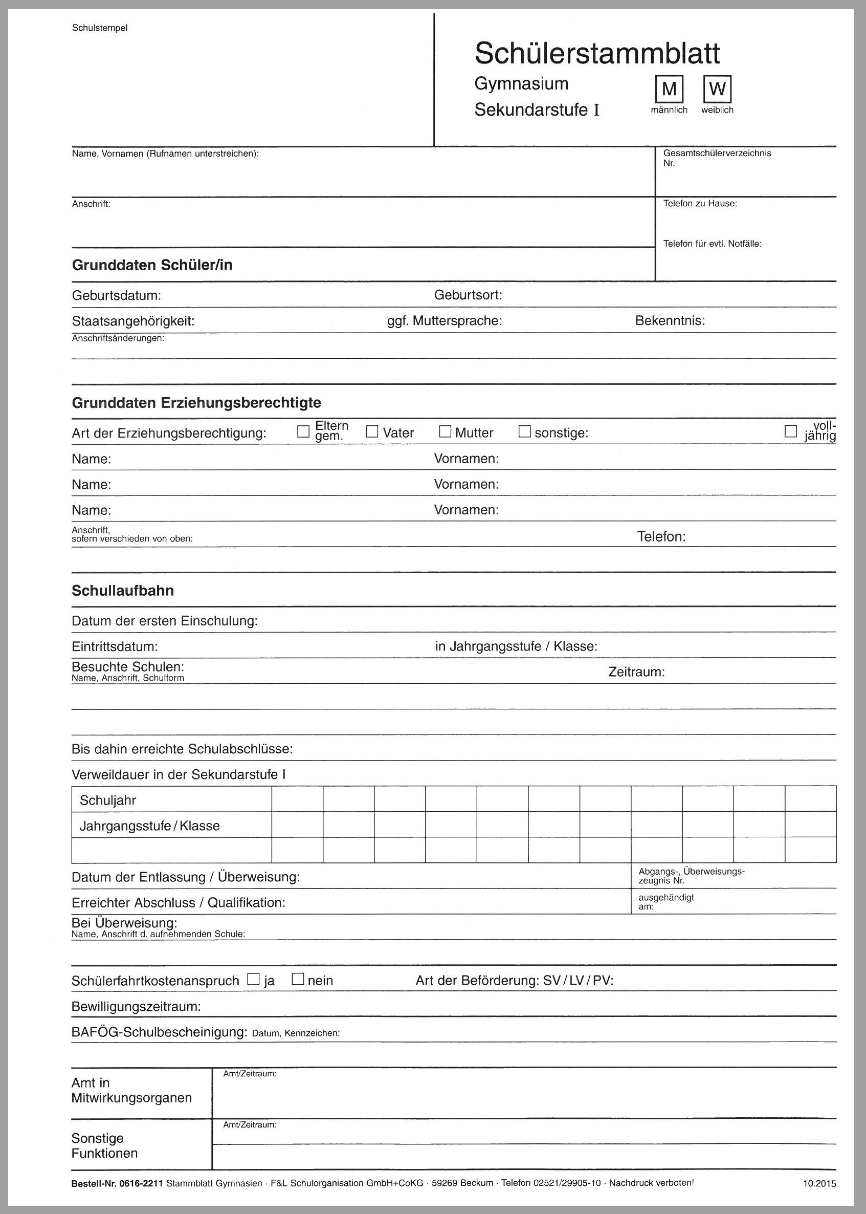 Schülerstammblatt Gymnasium