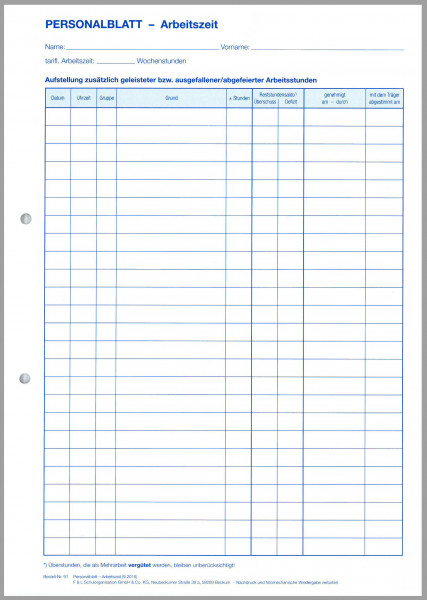 Personalblatt Arbeitszeit