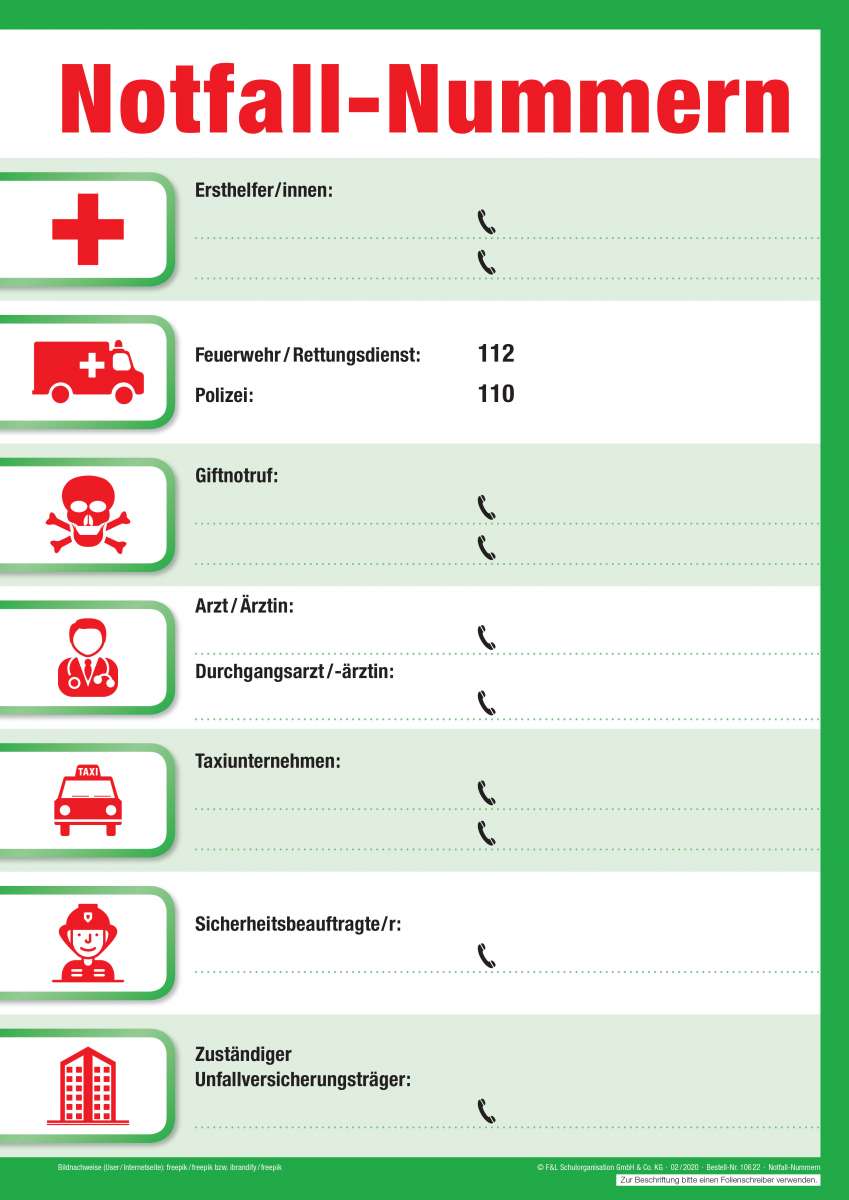 Aushang Notfall Nummern | F&L Schulorganisation