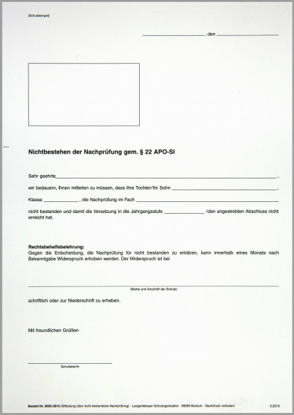 Mitteilung nicht bestandene Prüfung