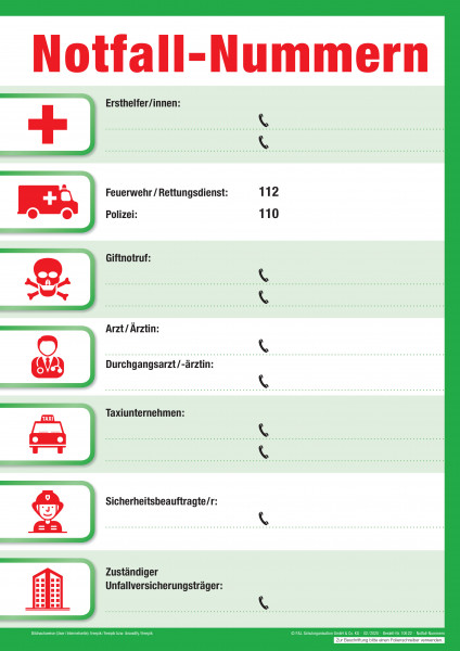 Aushang Notfall-Nummern