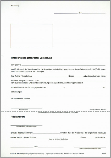 Mitteilung nicht ausreichende Leistungen