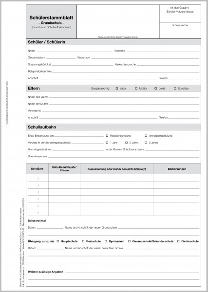 Schülerstammblatt Grundschule