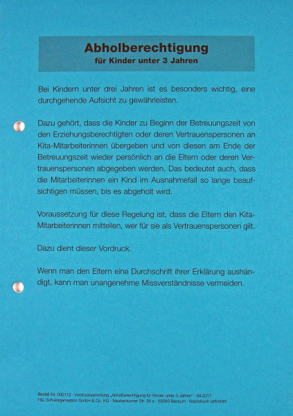 Abholberechtigung für Kinder unter 3 Jahren