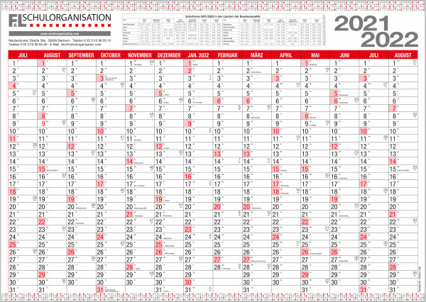 Schuljahreswandplaner Ausgabe 2021/2022