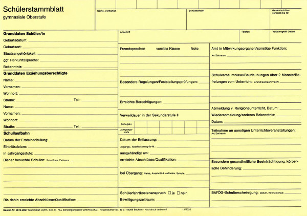 Schülerstammblatt Sek II Karteikarte